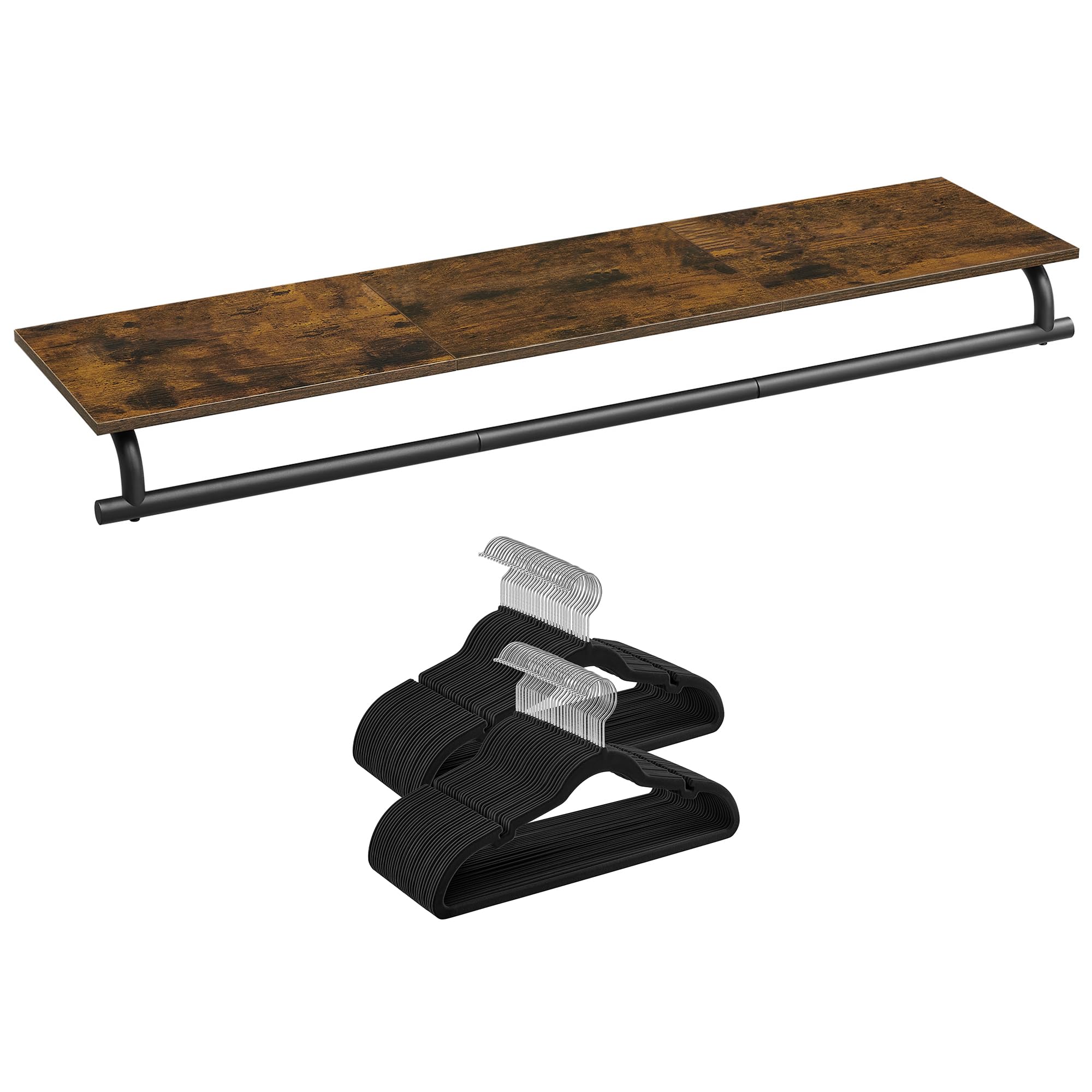 SONGMICS Clothes Rack with Top Shelf Bundle with Velvet Hangers 60 Pack, Wall Mounted, with Shoulder Notches, Rustic Brown and Ink Black UHSR135B01 and UCRF030B01