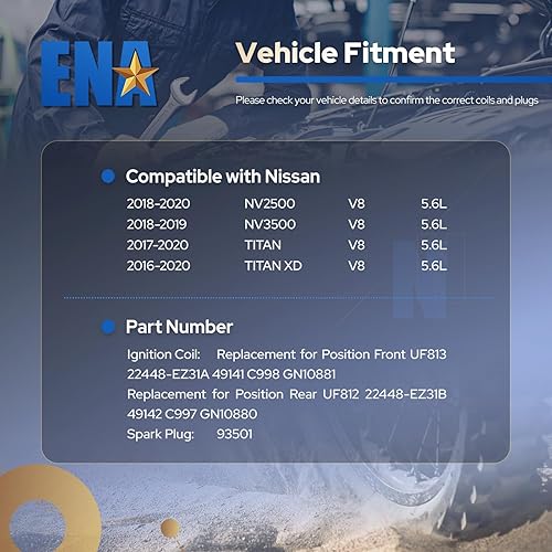 Miniatura 2 de ENA Juego de 8 bobinas de encendido delanteras y traseras con 8 bujías de iridio compatibles con Nissan 2018 2019 2020 NV2500 2018 2019 NV3500 2017