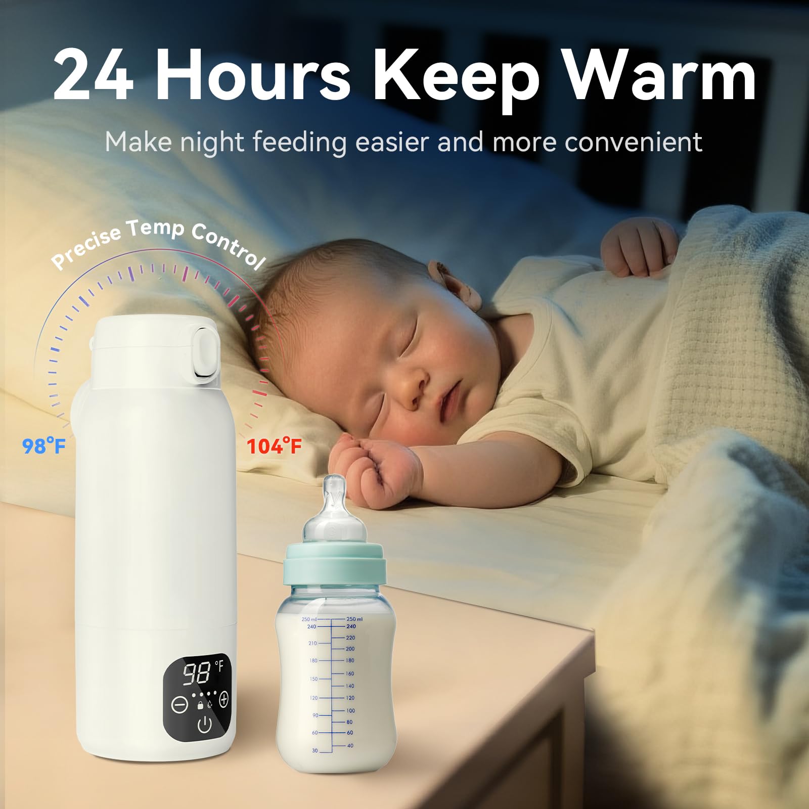 Chauffe-biberon portable pour voyage, 36,7 °C à 55 °C, contrôle précis de la température, chauffe l'eau ou le lait, chauffage rapide et isolation de 24 heures avec batterie de 10 400 mAh, capacité de