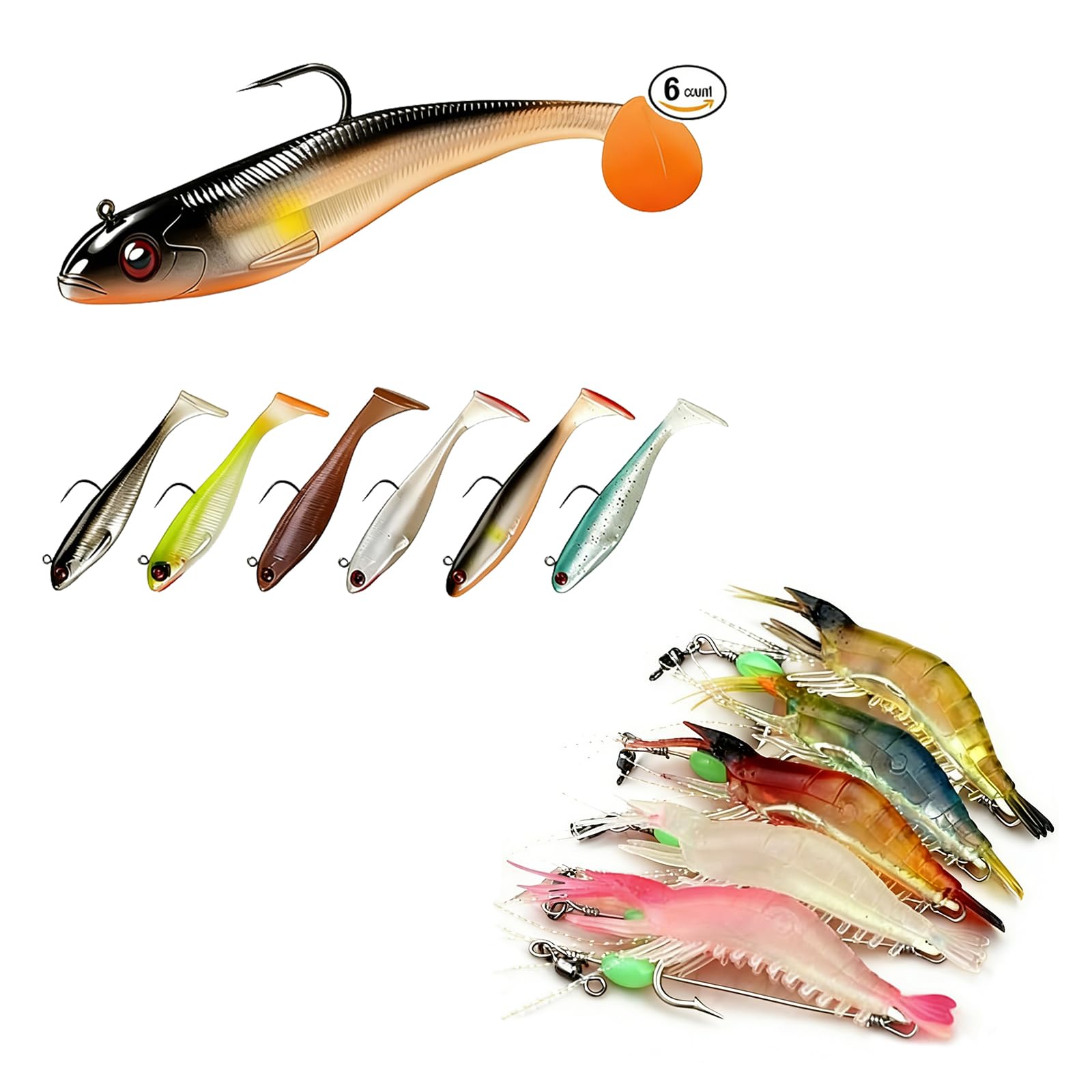 12-Piece Set of Soft Luminous Shrimp Lures, Easy-to-use pre-Rigged Soft baits, Suitable for bass Fishing, Saltwater Fishing Lures, Fishing Bait.