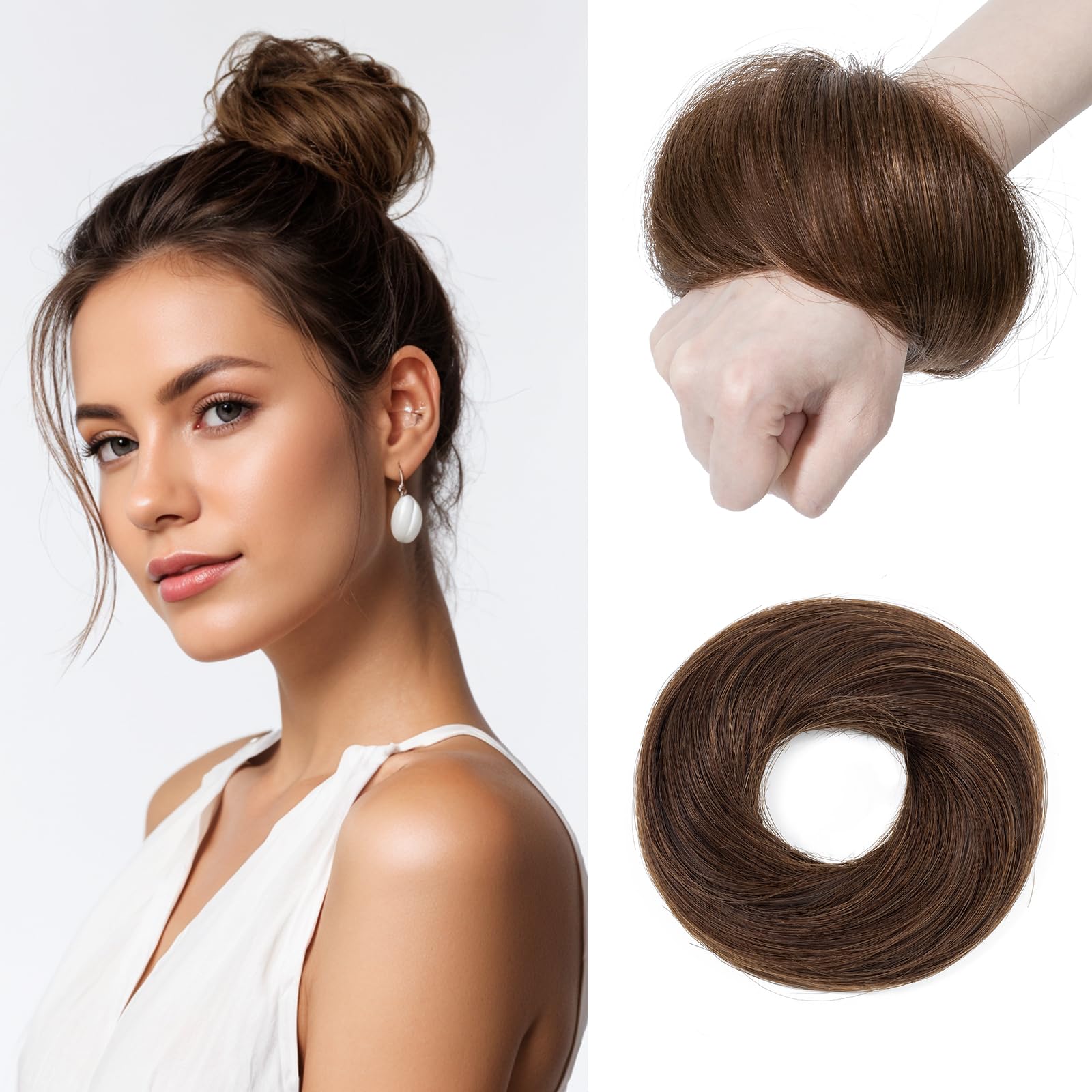 S-noilite Messy Bun Hair Piece Human Hair Straight Real Hair Bun Extensions Scrunchies Updo Real Human Hair Bun Medium Brown