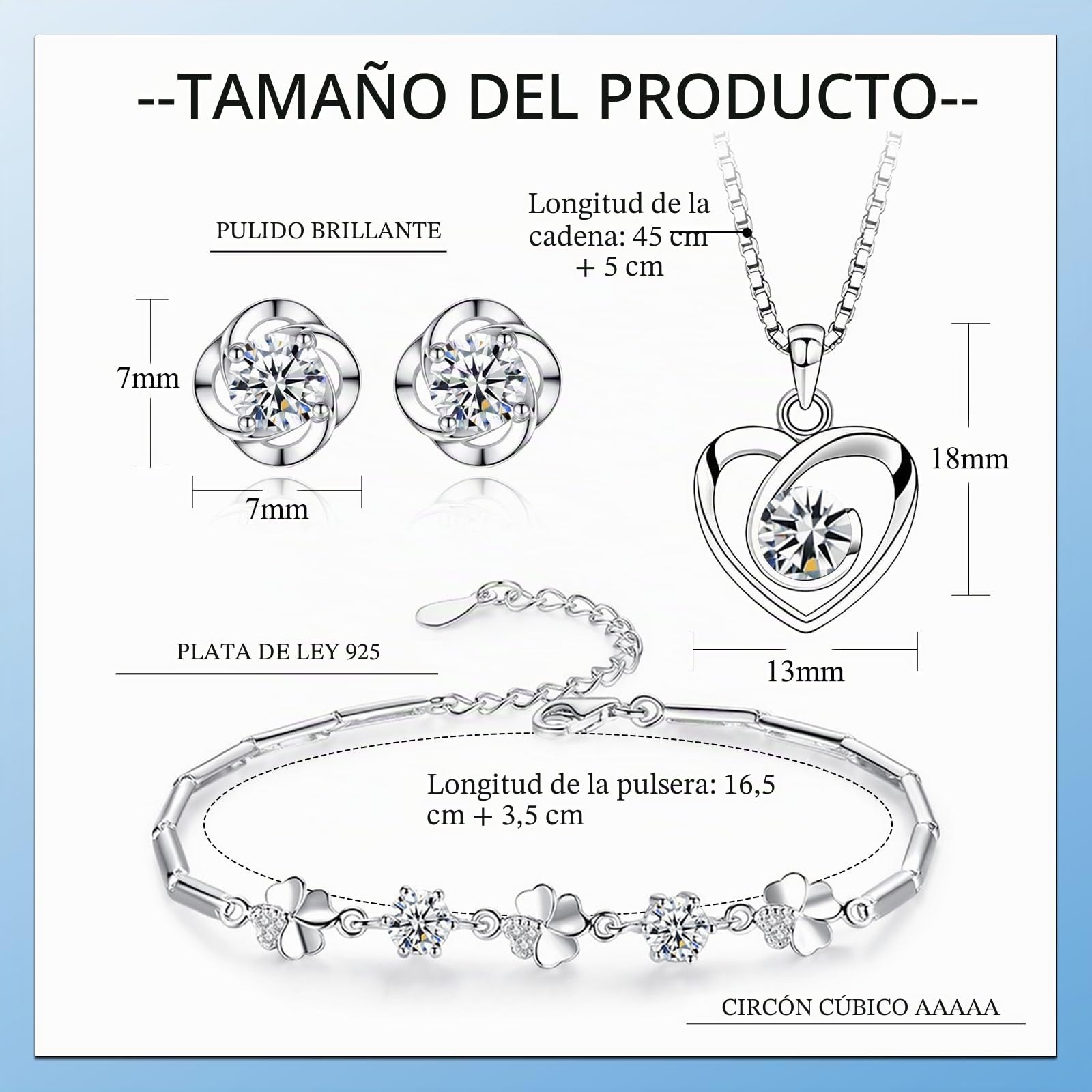 Juego de joyas de plata para mujer, pendientes de tuerca de plata de ley 925, collar y pulsera con circonita cúbica 5A, colgante de corazón, juego de joyas de trébol, regalo para Navidad,
