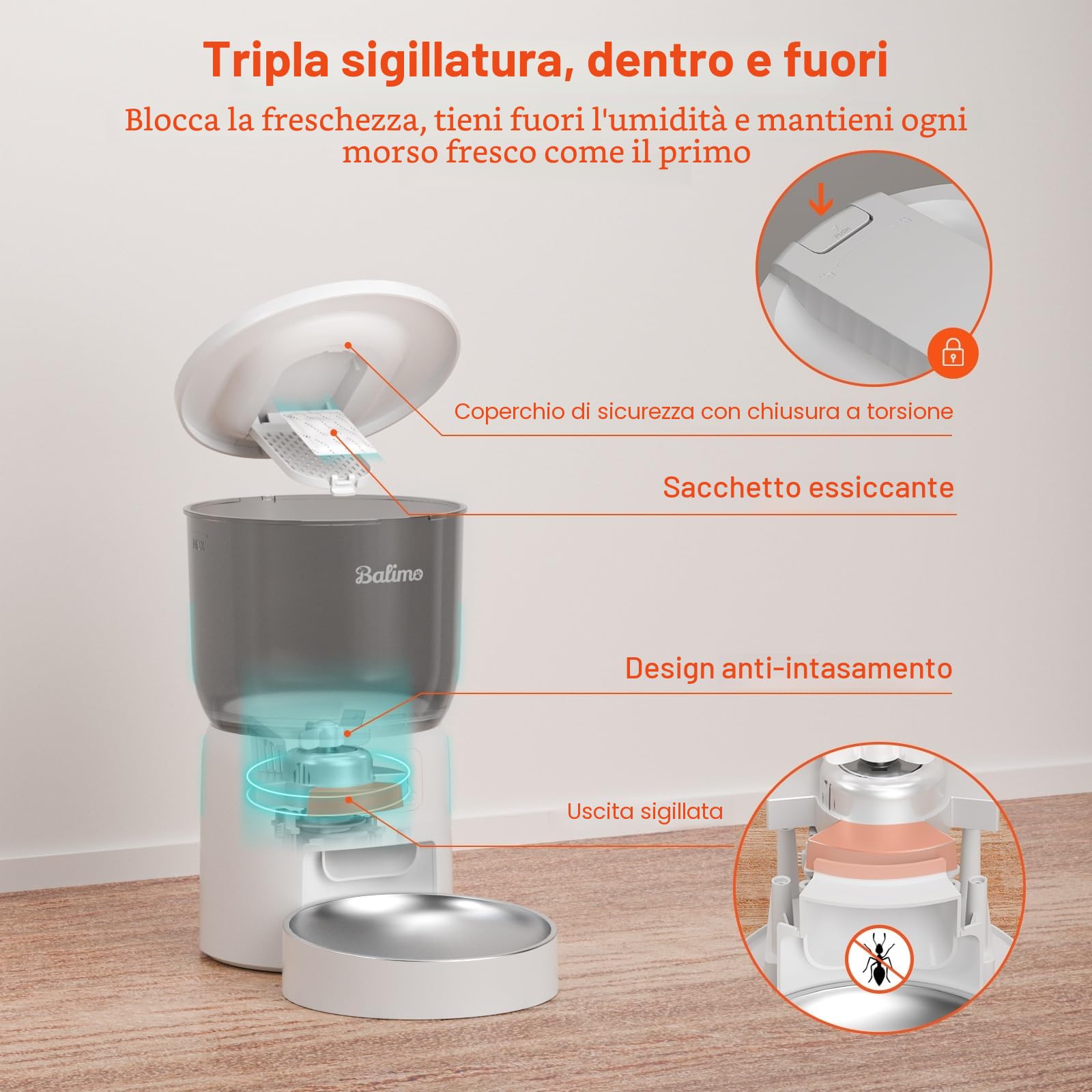 Balimo Distributore Automatico Cibo Gatti, 2.4G WiFi Dispenser Crocchette Gatto, 3L Distributore Automatico Cibo Cani, Adatto Controllo App, Da 1 a 10 Pasti al Giorno, Adatto Per Cani e Gatti, Bianco