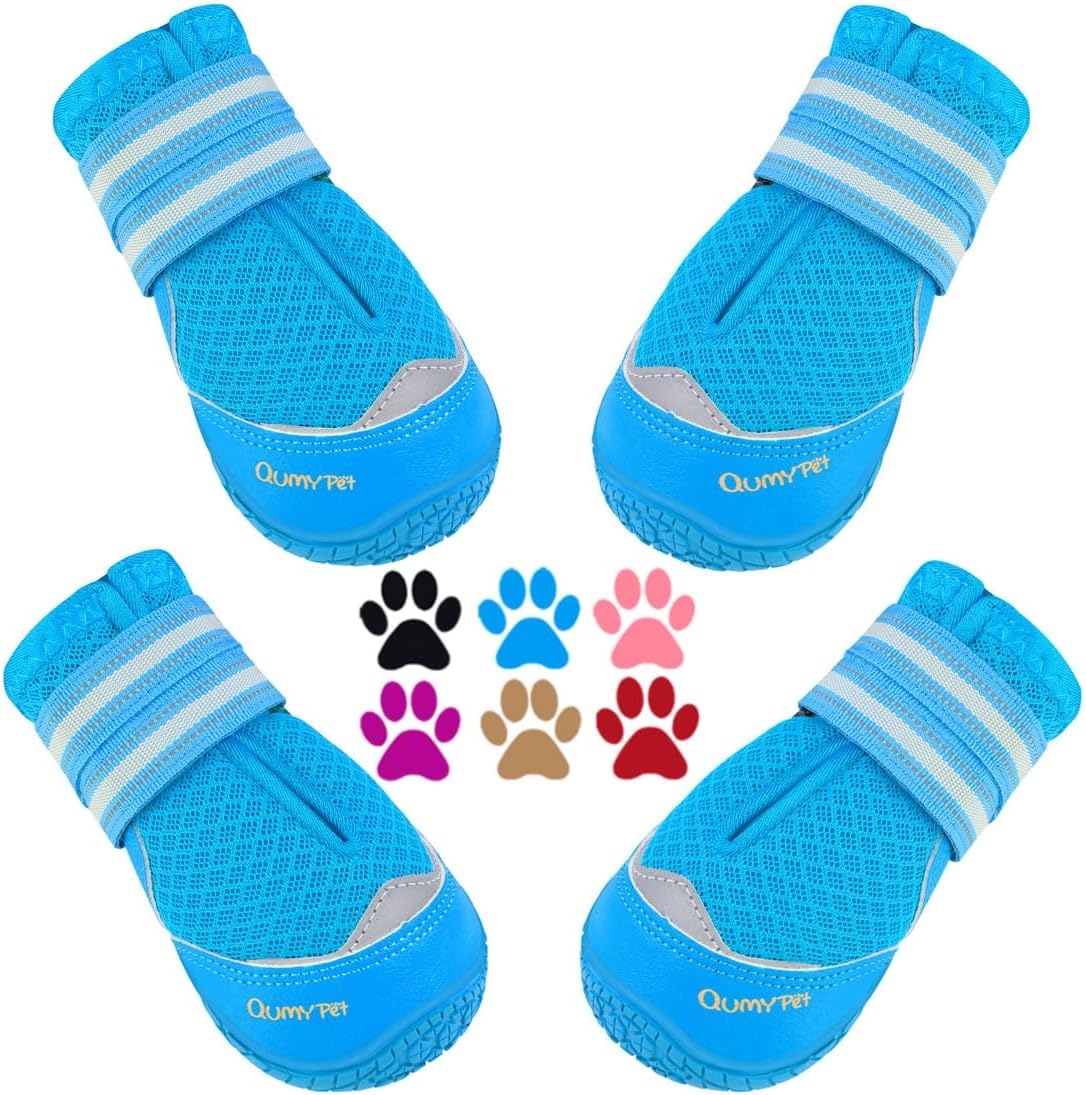 QUMY 4PCS Dog Shoes for Hot Pavement, Medium Large Dog Boots & Paw Protectors for Summer Heat Protection, Mesh Breathable Nonslip Dog Booties for Walking Running Hiking Blue Size 3 0Blue-4PCS Size 3: 2.0''x2.5''(Width*Length)