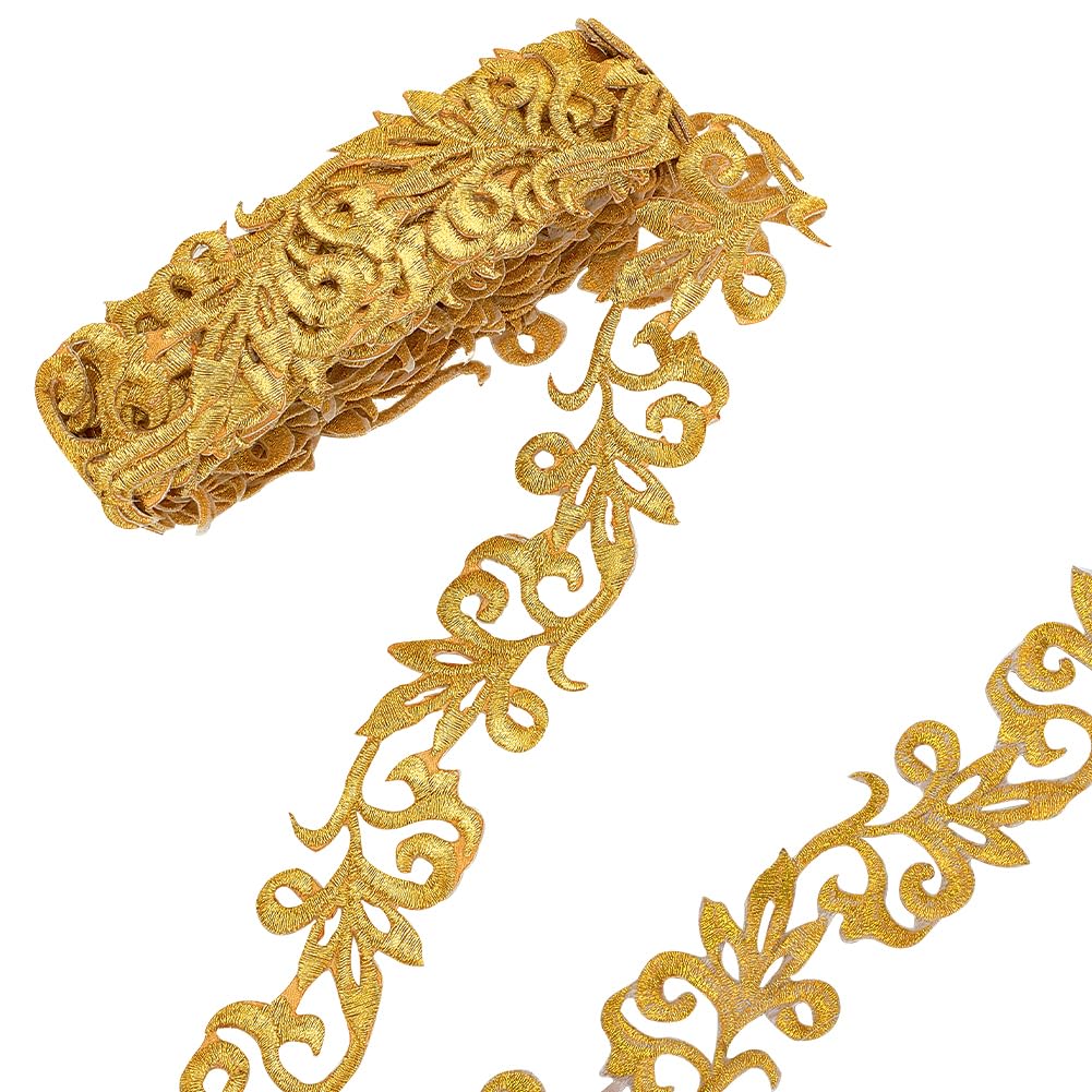 About 4.37 Yards(4m) Gold Embroidery Polyester Ribbons, 3.5cm Wide Metallic Lace Trim Iron on Metallic Flower Lace for Sewing Costumes Gowns Home Decor Garment Accessories