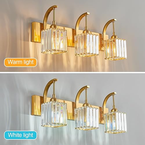Miniatura 2 de Luces de tocador de cristal, 3 luces doradas para baño, modernas lámparas de cristal para baño, accesorios de iluminación de tocador sobre espejo,