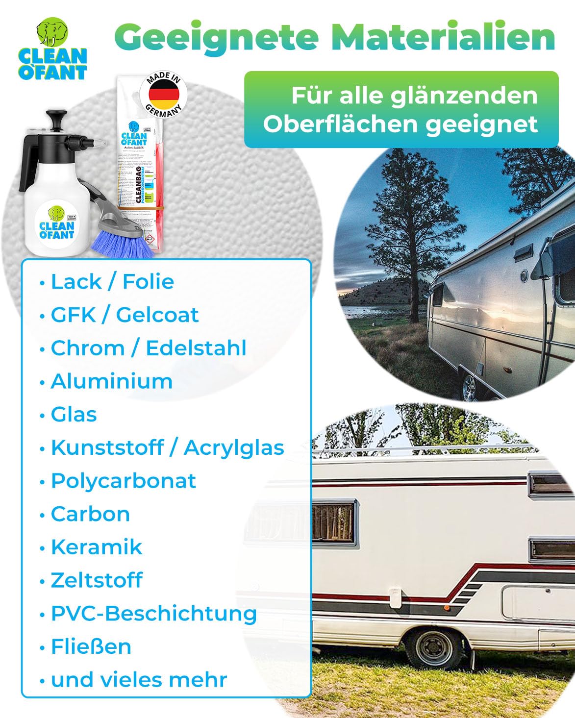 CLEANOFANT Außen-SAUBER SET für Wohnwagen & Wohnmobil - Konzentrat für 5L Reiniger - Entfernt Regenstreifen & Insekten - Inkl. 1,5L Drucksprüher & Bürste - Für GFK, Lack & Acrylglas - Made in Germany
