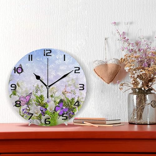 Miniatura 2 de Reloj de pared redondo con diseño de mariposa y flores voladoras para jardín, estilo árabe, acrílico, pintado silencioso, no hace pinchazos,