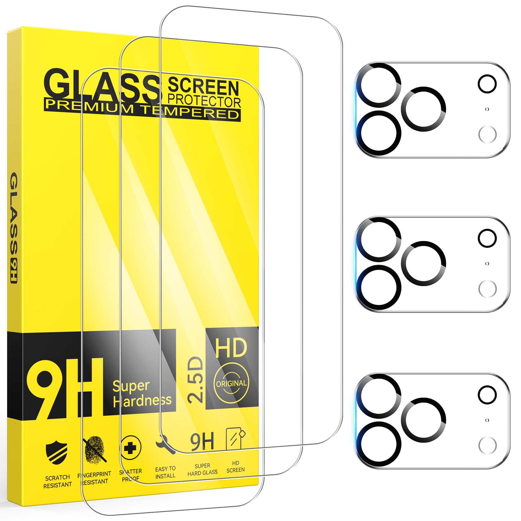 Niphabe 3 Pièces Verre Trempé Pour IPhone 12 6.1" Avec 3 Pièces Caméra Arrière Protecteur, Ultra Résistant Film Protection écran, Anti-Rayures, Sans Bulles Film Protection écran
