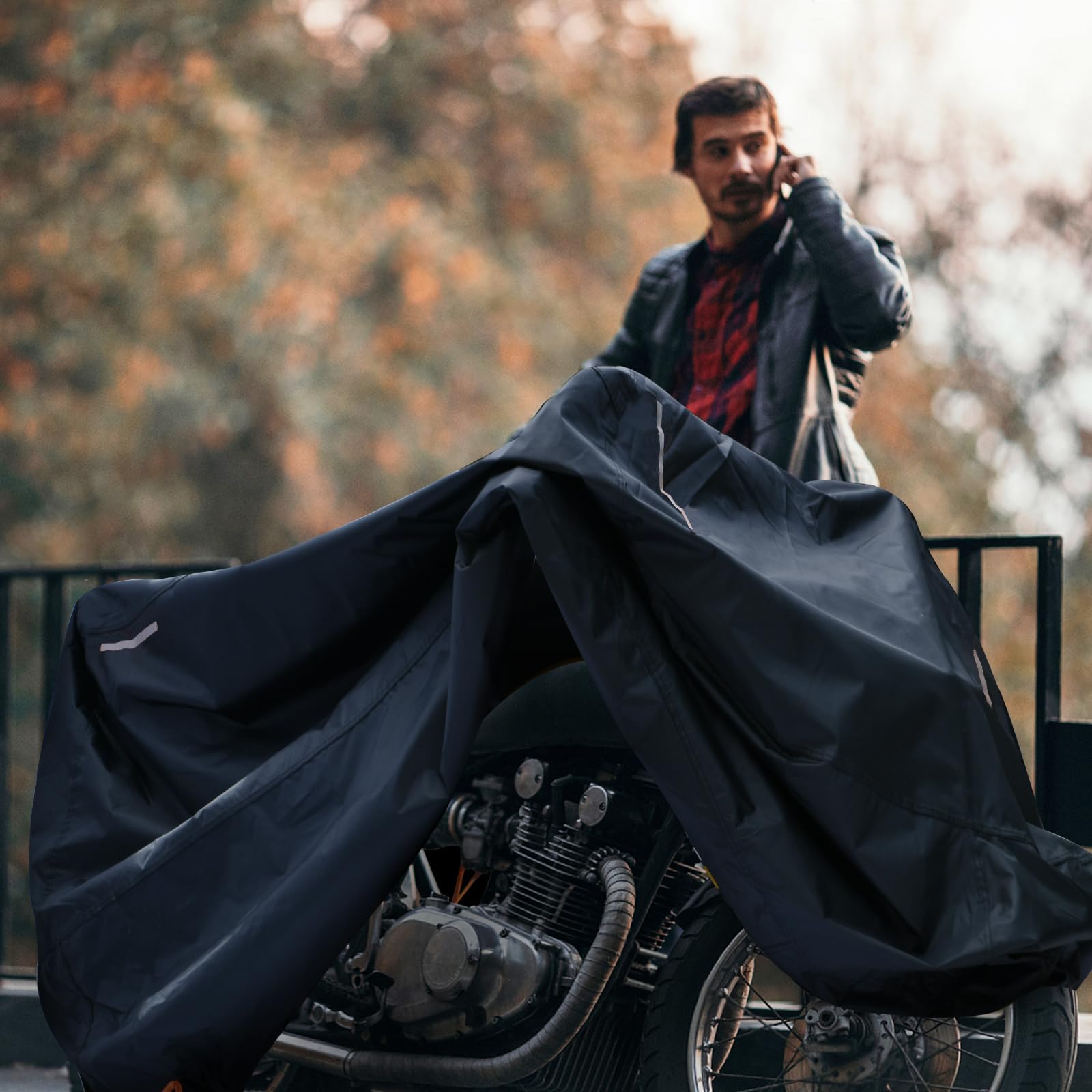 Funda impermeable para motocicleta al aire libre, cubierta antipolvo para motocicleta, scooter, ciclomotor, lluvia, con 5 tiras reflectantes y 2 hebillas resistentes al viento, 2 agujeros de bloqueo