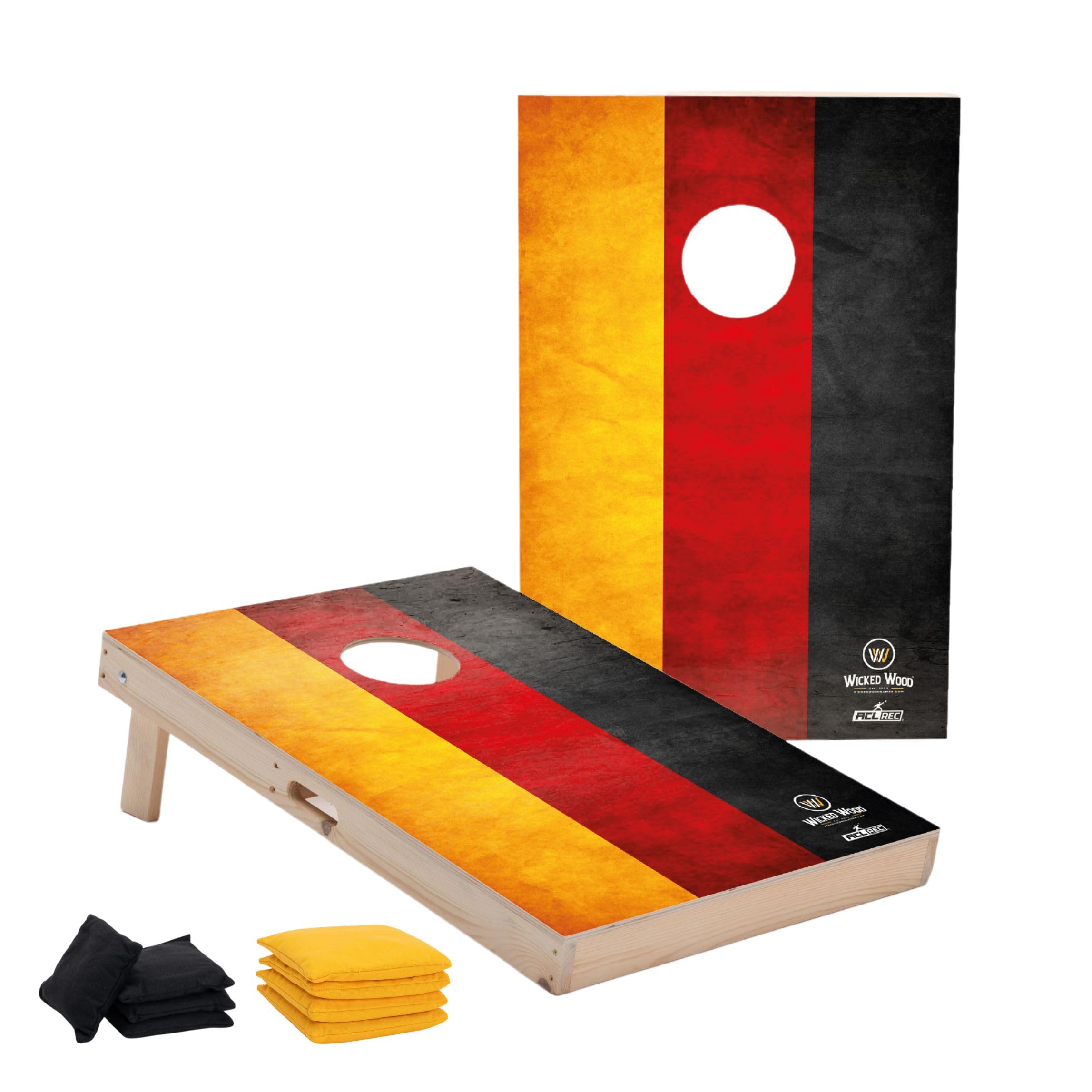 Wicked Wood Games Cornhole Set | Deutschland-Flagge | 90 x 60 cm | Tailgate größe | inkl. 2 Bretter + 2 x 4 gelbe & Schwarze Cornhole Säckchen | ACL Rec