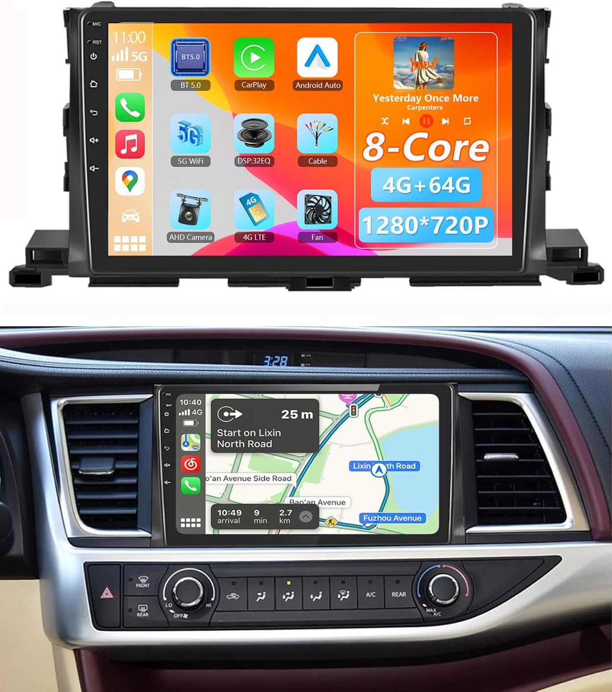 8Core 4G+64G Car Stereo Radio for Toyota Highlander 2014-2019 - Wireless CarPlay Android Auto | 5G WiFi GPS Navigation | Bluetooth FM/SWC | Touchscreen | Plug & Play | Backup Camera