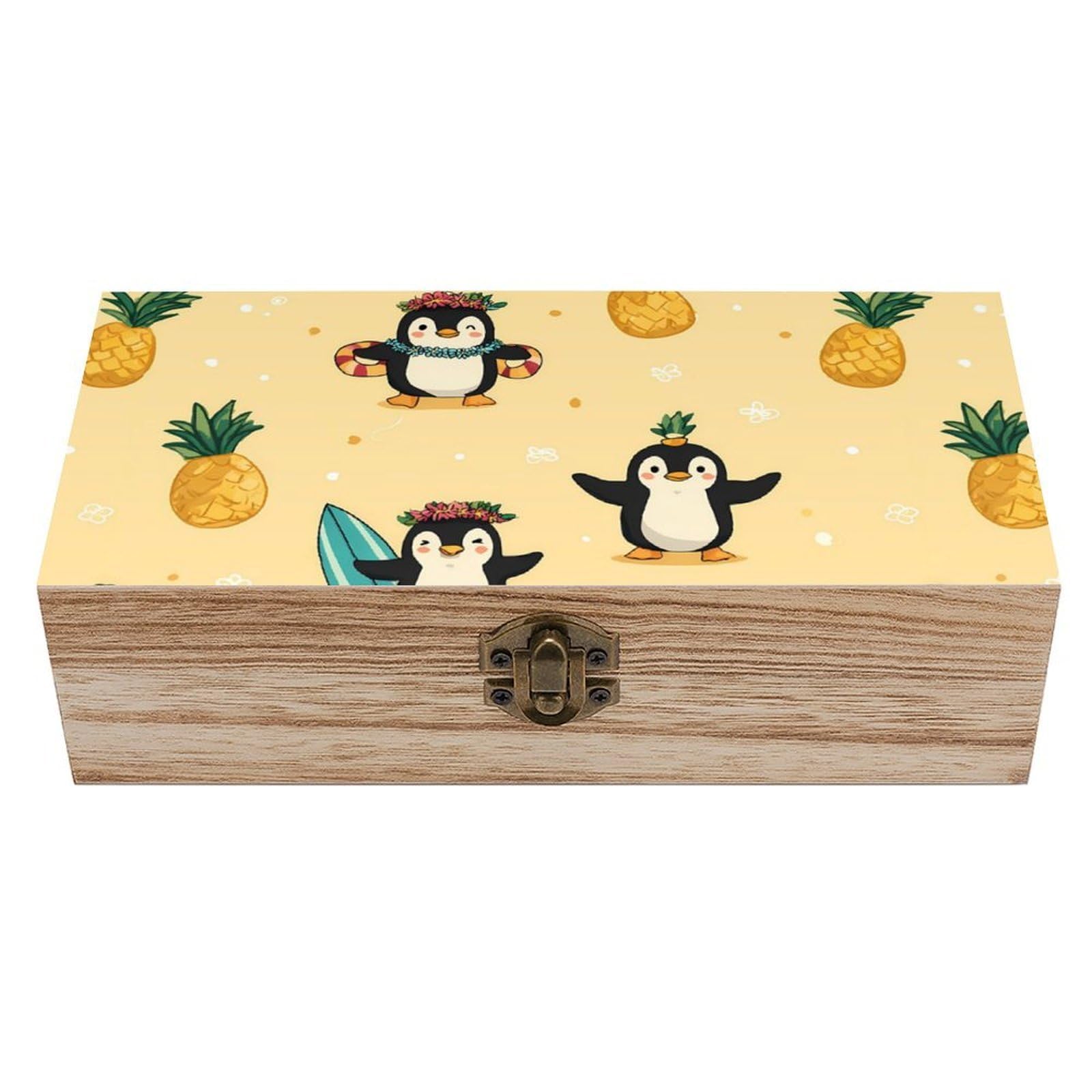 Cute Penguins Wooden Box with Hinged Lid Decorative Storage Case Container