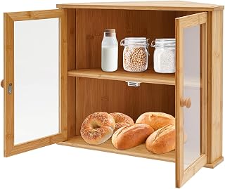 Corner Bread Display Case, 2-Tier Bamboo & Acrylic Bread Storage Container for Kitchen Countertop - Space-Saving Bread Box for Bakeries, Cafés & Home Use (17.5x15x3 in)