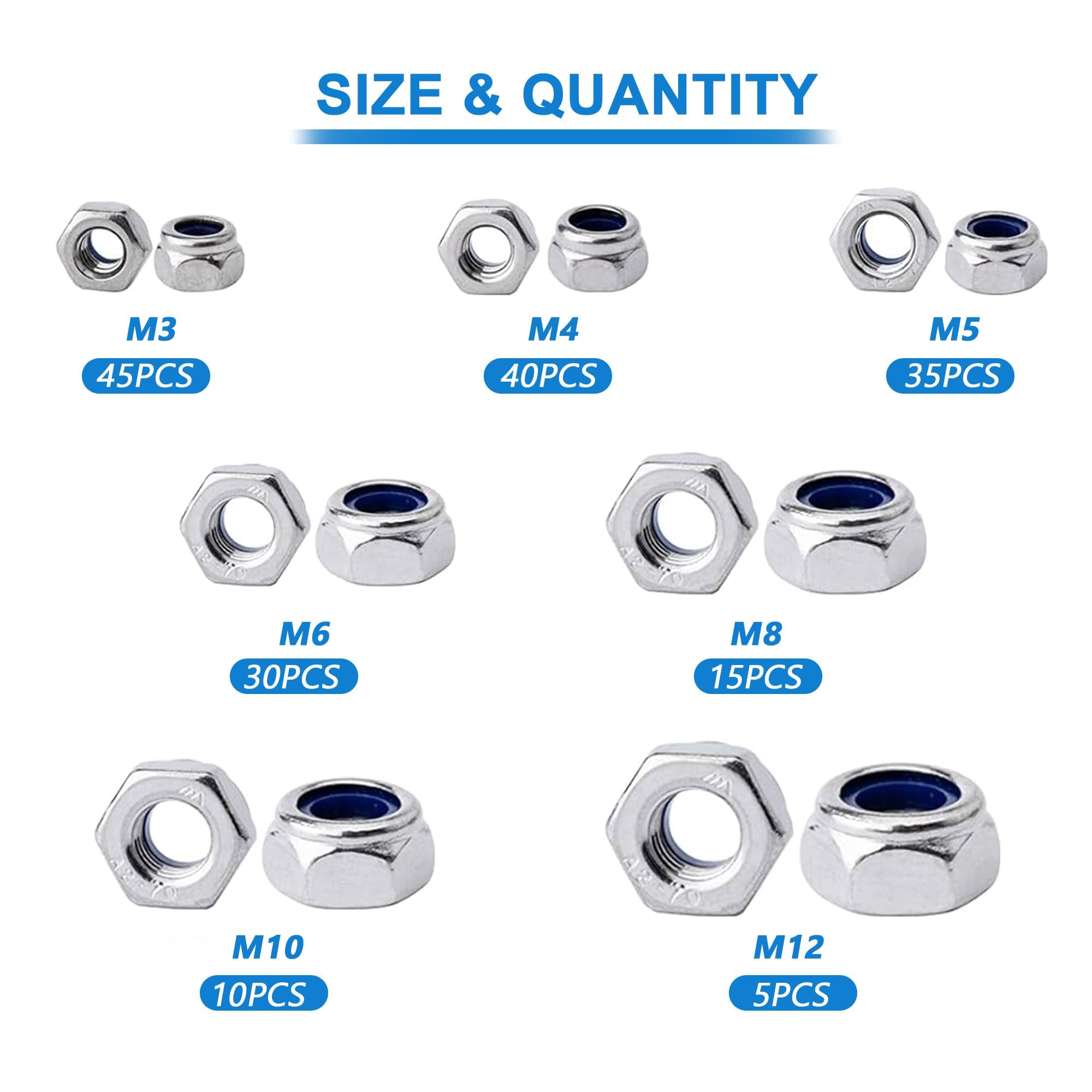 TA-VIGOR 180Pcs Nylon Hex Lock Nuts Assortment Kit, M3 M4 M5 M6 M8 M10 M12 Stainless Steel Nylon Insert Self-locking Nuts - Image 2