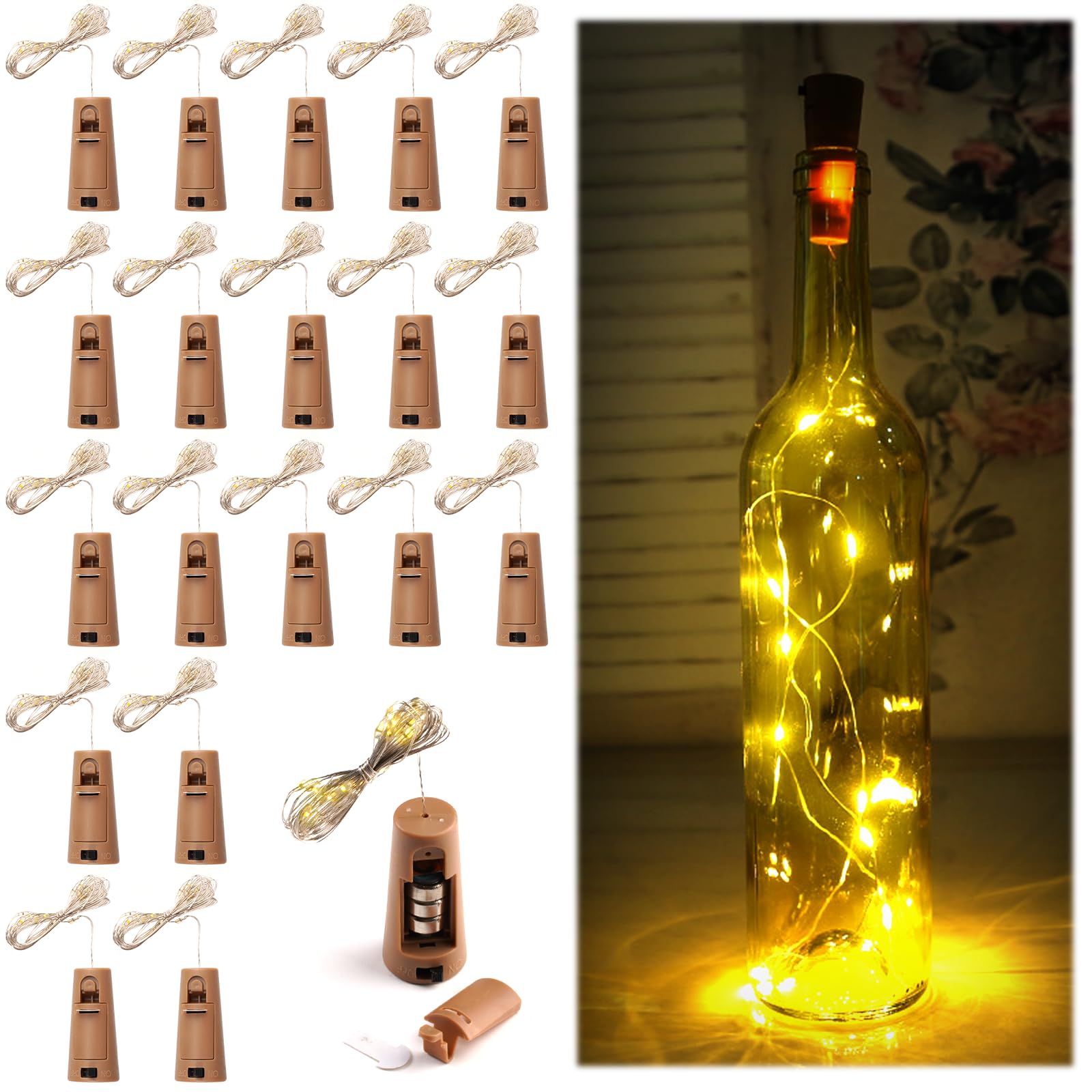 Yizhet Luces De Botella, 6 Piezas Luces Para Botellas Cristal 2m Luz Botella Corcho 20 LED Luces Tapon Botellas De Vino Cobre Alambre Guirnaldas Luz Pilas Para Boda Navidad (Blanco Cálido