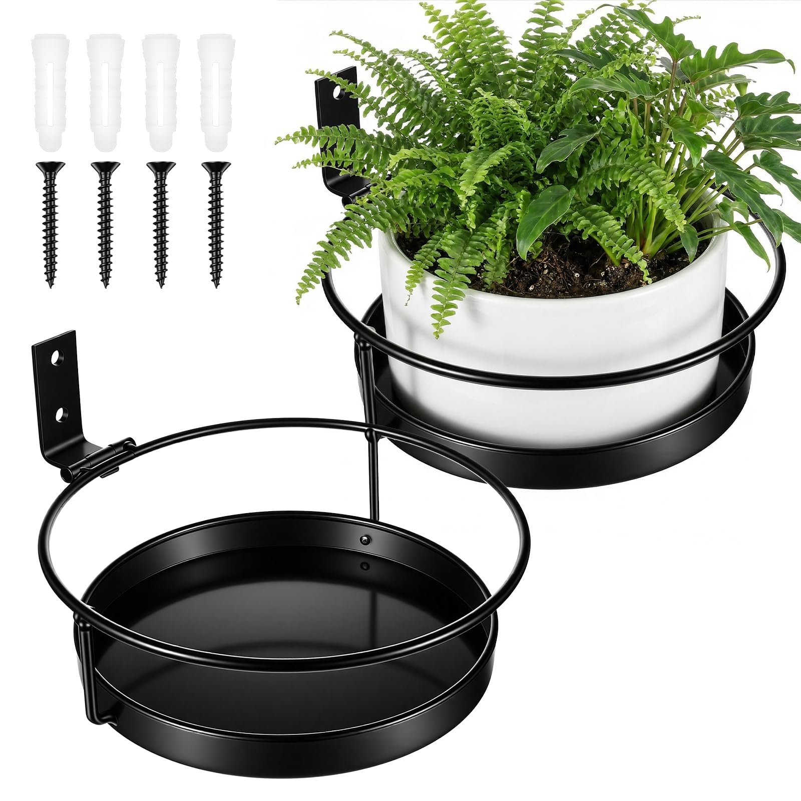 2 Pcs Wall Mounted Plant Holder, Black Metal Flower Pot Hanger for IIndoor Outdoor Decorative Floating Shelves Planter Hanger Racks, Iron Wall Shelf with Ring for Balcony Living Room Decor