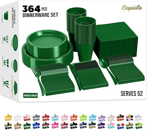 350 Pcs Emerald Green Plastic Plates for Party Emerald Green Disposable Plates Set 50 of Each 9 Dinner Plate Set 7 Dessert Plate Cups Napkins & Cutlery Plastic Dinnerware Set Exquisite