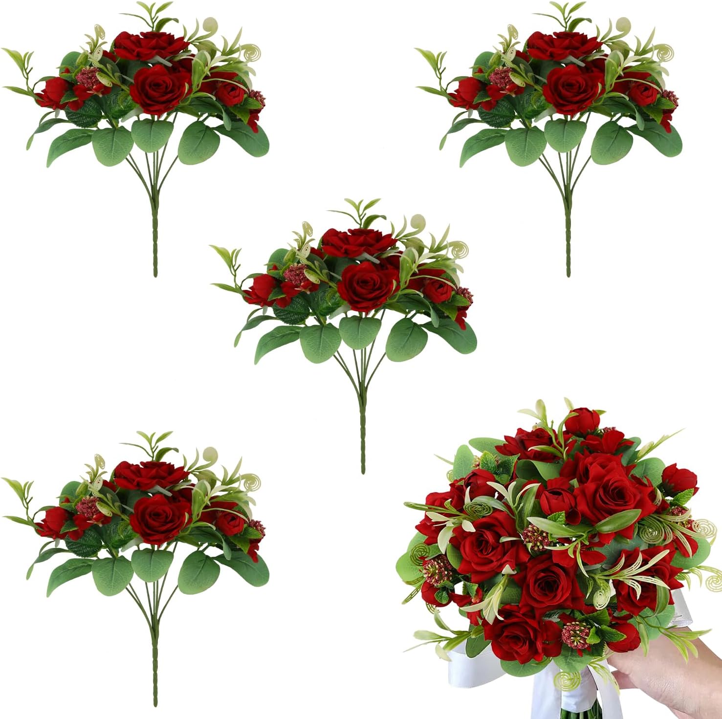 Hobyhoon 4 Bundles Artificial Rose Flowers Bouquets Fake Mini Silk ...