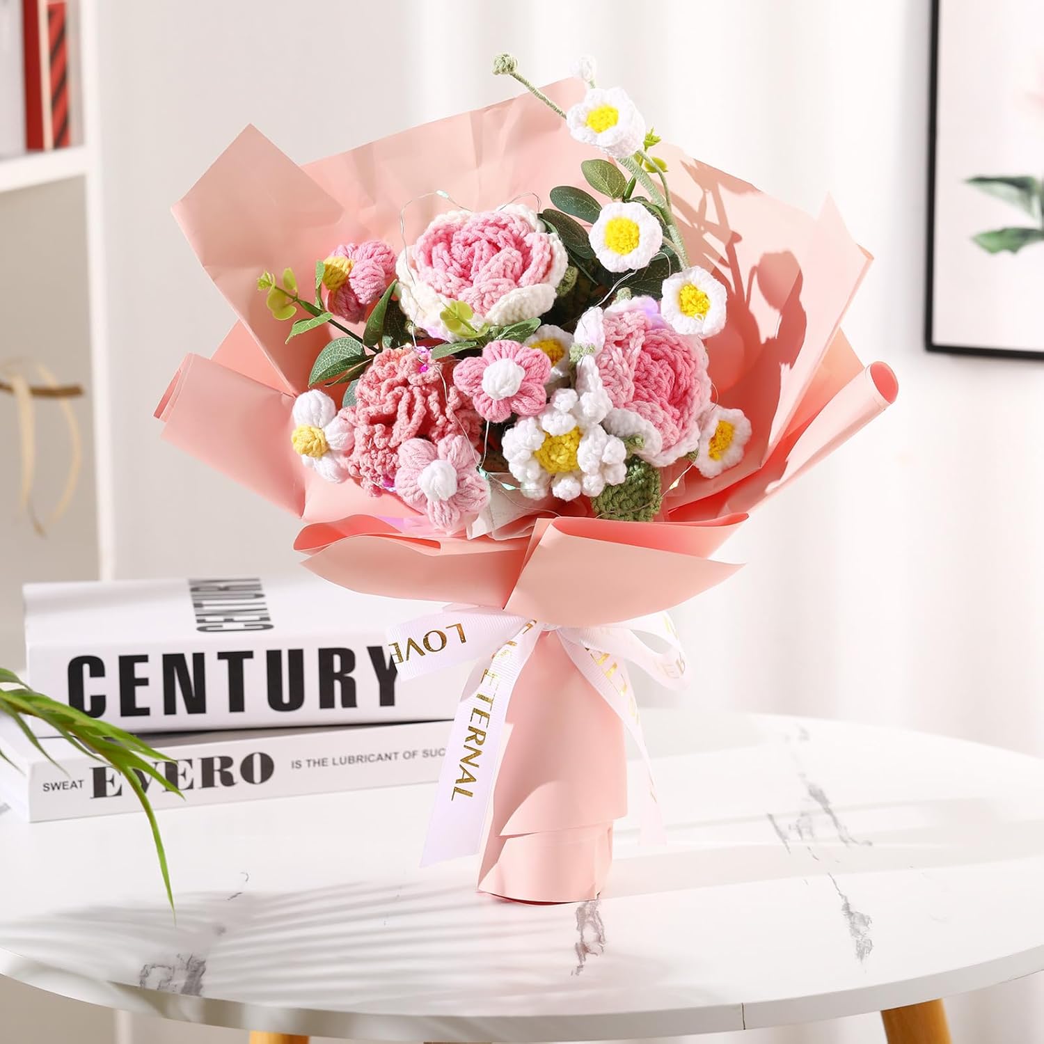 Crochet Flowers Bouquet Graduation Gift for Women Completed Handmade Knitted Flowers with LED Lights Rose Tulips Sunflower Bouquet for Valentine Birthday Graduation Wedding Home(Rose)