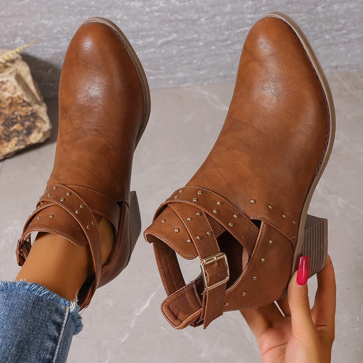 Women’s Black Leather Ankle Booties - round Toe, Chunky Heel with Studded Decoration and Buckle Fastening, Stylish Fall Boots