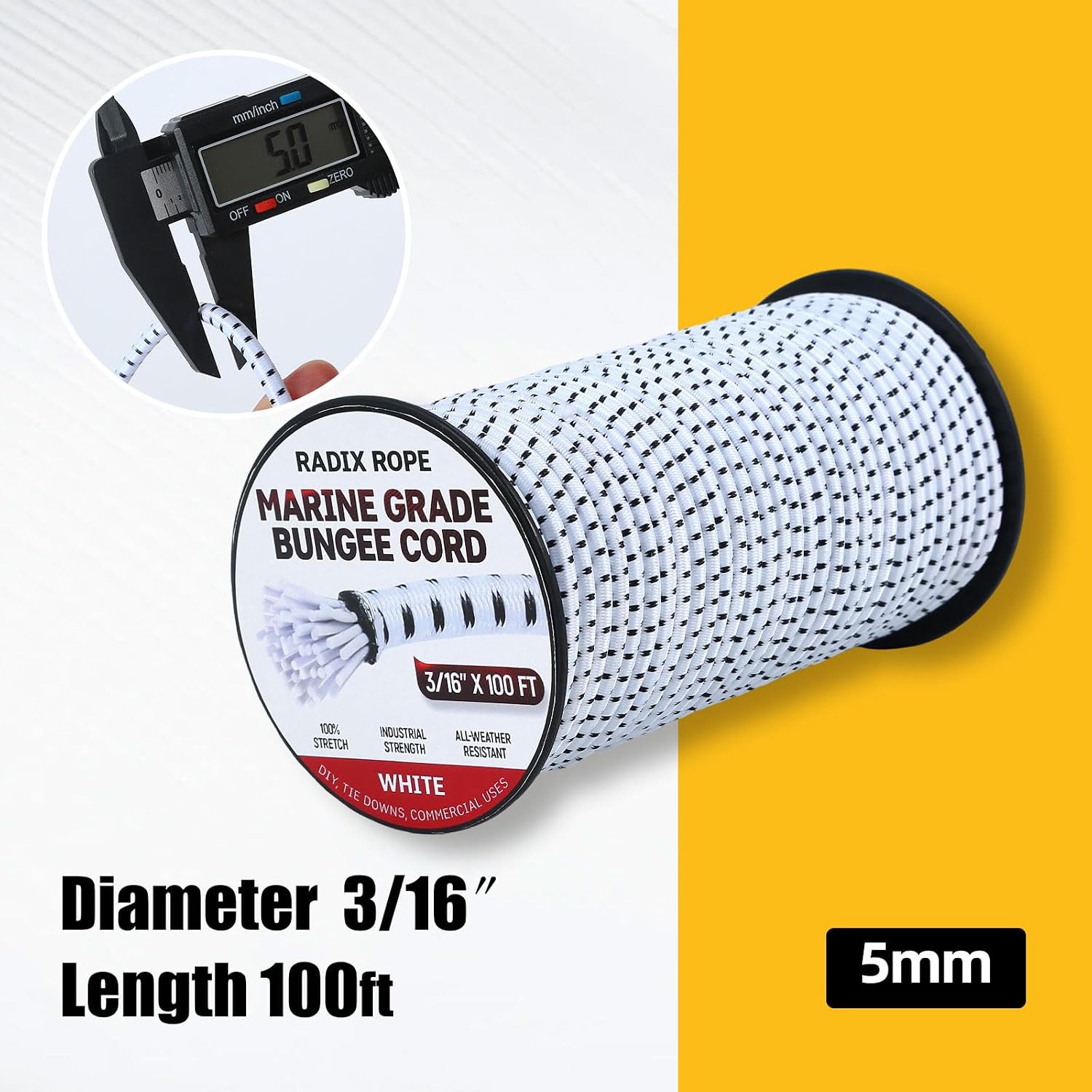 Bungee Cord - 3/16 Inch x 100 Feet - Elastic Shock Cord, Stretch Rope for Kayak, Crafts, Tie-Downs, DIY Projects - Flexible, High-Strength Bungee Rope (White with Black Trace)