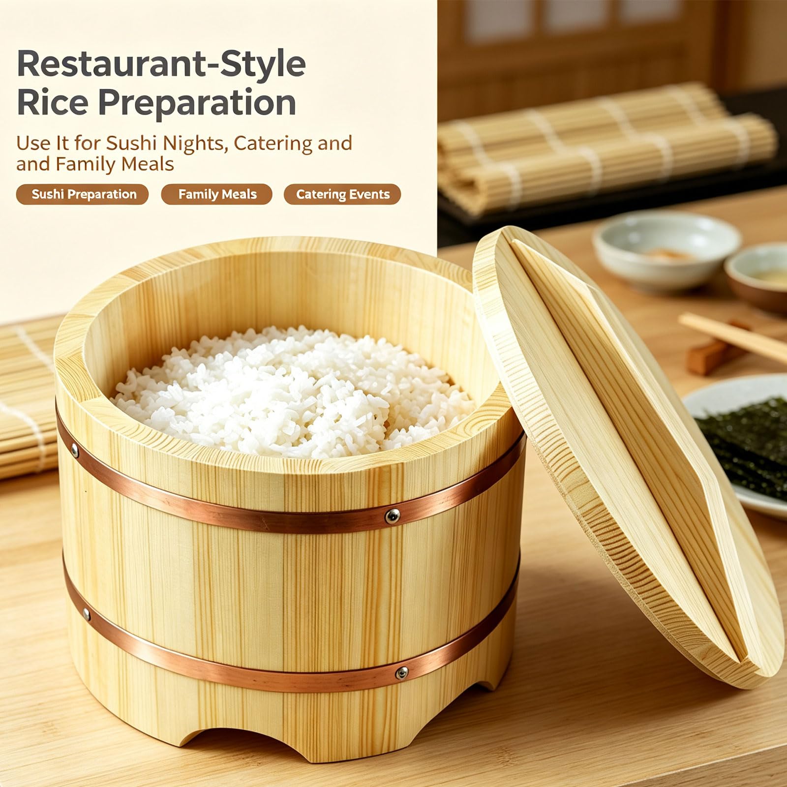 Sushi-Reiskübel Aus Holz Mit Deckel, Hangiri Sushi Oke Reismischschüssel Große Sushi-Schüssel Für Restaurants Und Die Sushi-Zubereitung Zu Hause,30cm