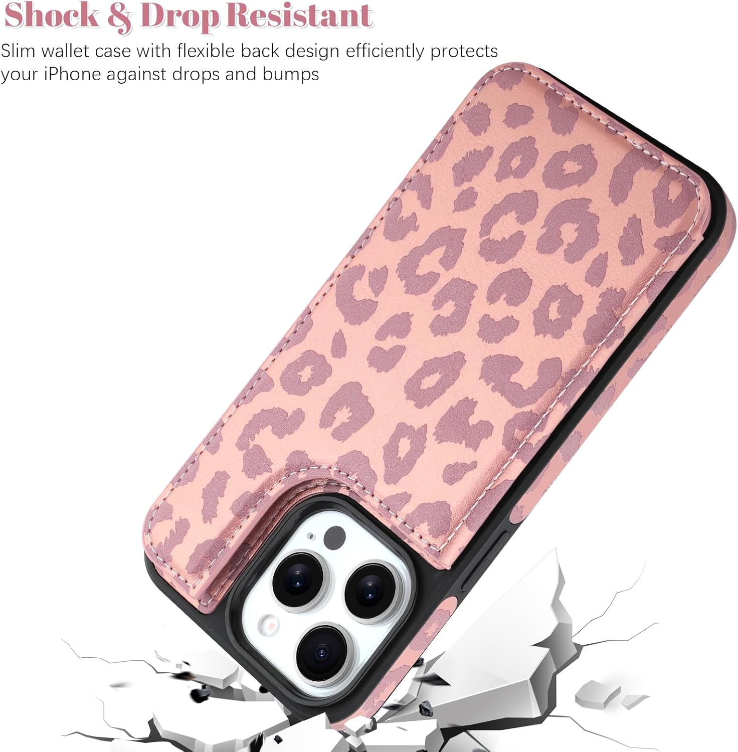 OOK for iPhone 14 Pro Case Wallet with Card Holder, Cute Pink Leopard Cheetah Pattern for Women Girls RFID Blocking 3 Card Slots Kickstand Flip Folio Leather Protective Shockproof Phone Case - Image 5