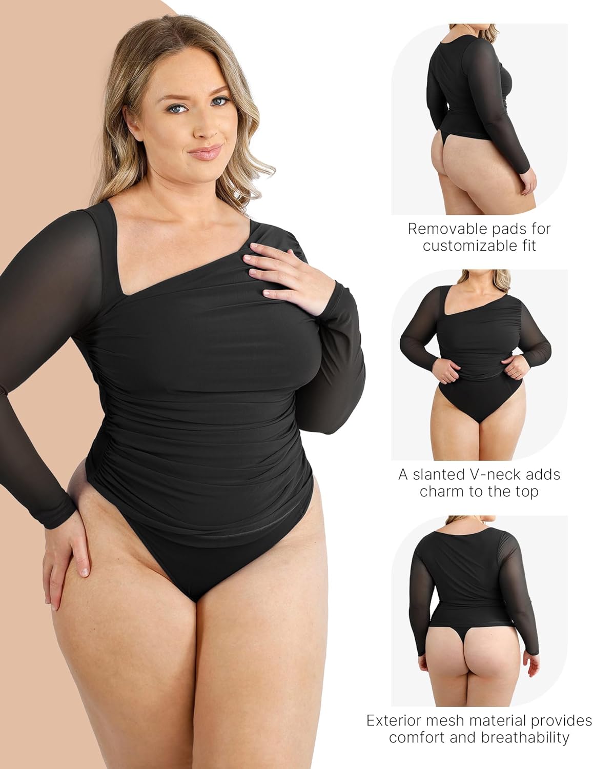 SHAPELLX Long Sleeve Bodysuit Tummy Control Shapewear Built in Bra 2 in 1 Bodysuit Tops Thong Full Body Shaper for Womens - Image 4