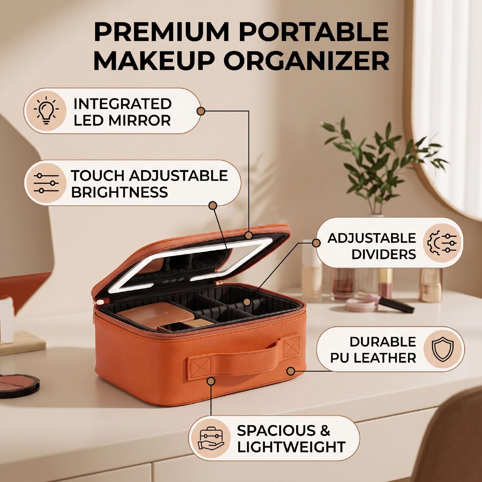 Cryfokt Neceser de Maquillaje Portátil, Espejo LED, Compartimentos