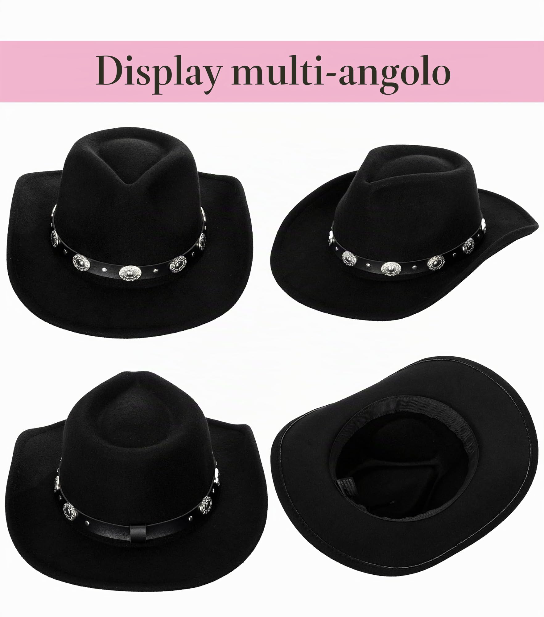 Cappello da cowboy occidentale classico per donne e uomini arrotolabile a tesa larga in feltro Fedora cappelli da cowgirl con fibbia per cintura, nero, M