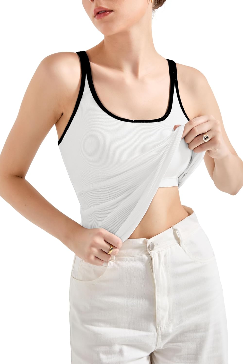 SUUKSESS Women Padded Cotton Ribbed Long Tank Tops Casual Summer Going Out Sleeveless Scoop Neck Basic Cami Tops - Image 2