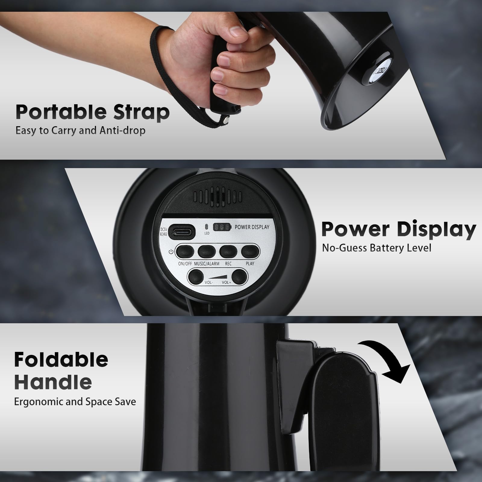 UZOCHI Megafono ricaricabile da 20 Watt, altoparlante con sirena e registrazione 240s, megafono portatile con display di alimentazione e cinturino (nero)