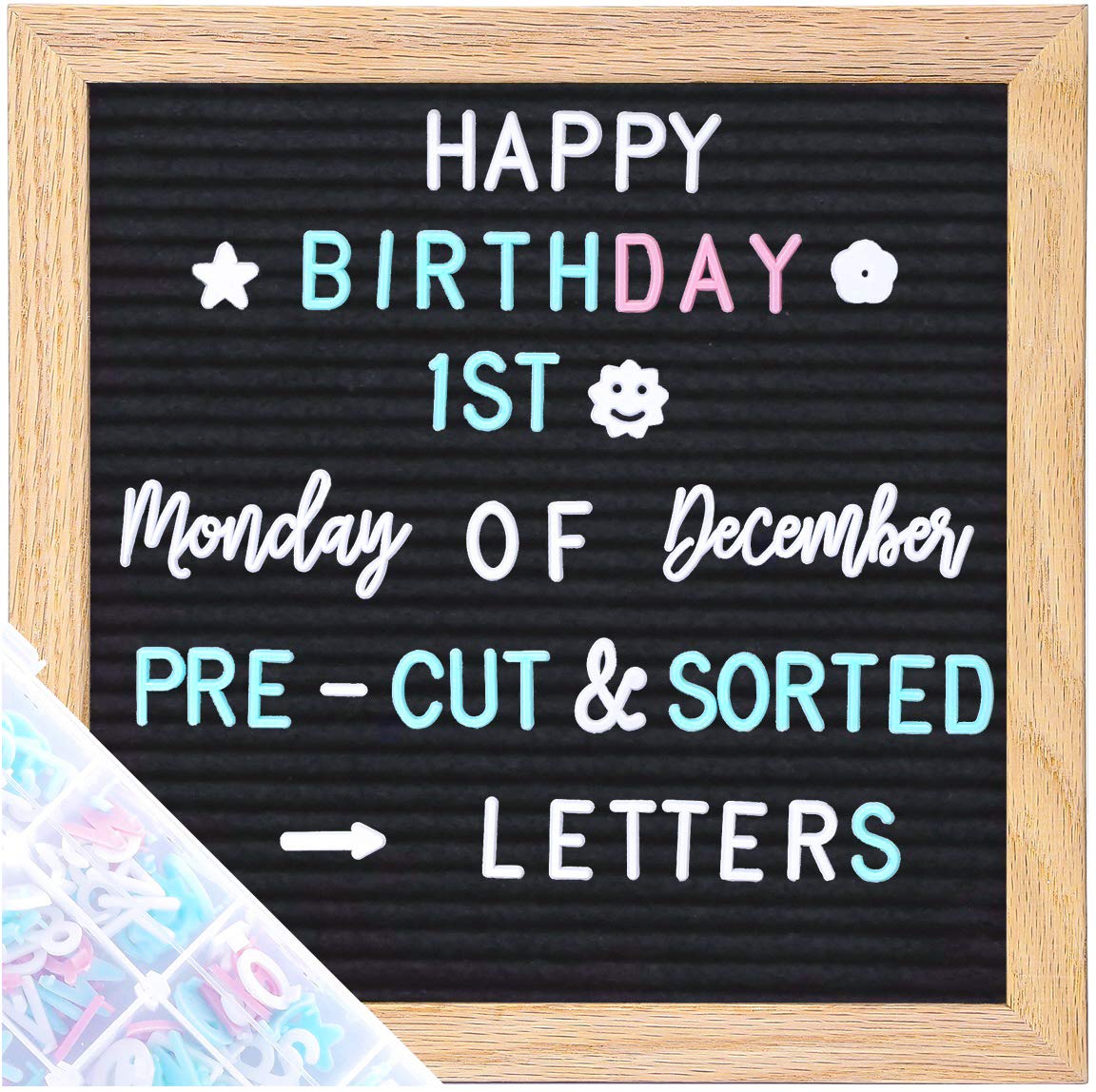 Felt Letter Board Message Board 10x10inch with Stand,Pre-cut&Sorted 805pcs Changeable Letters+Weeks &Months Cursive Words,Word board Sign board with Sorting Tray&Gift Box(Black)