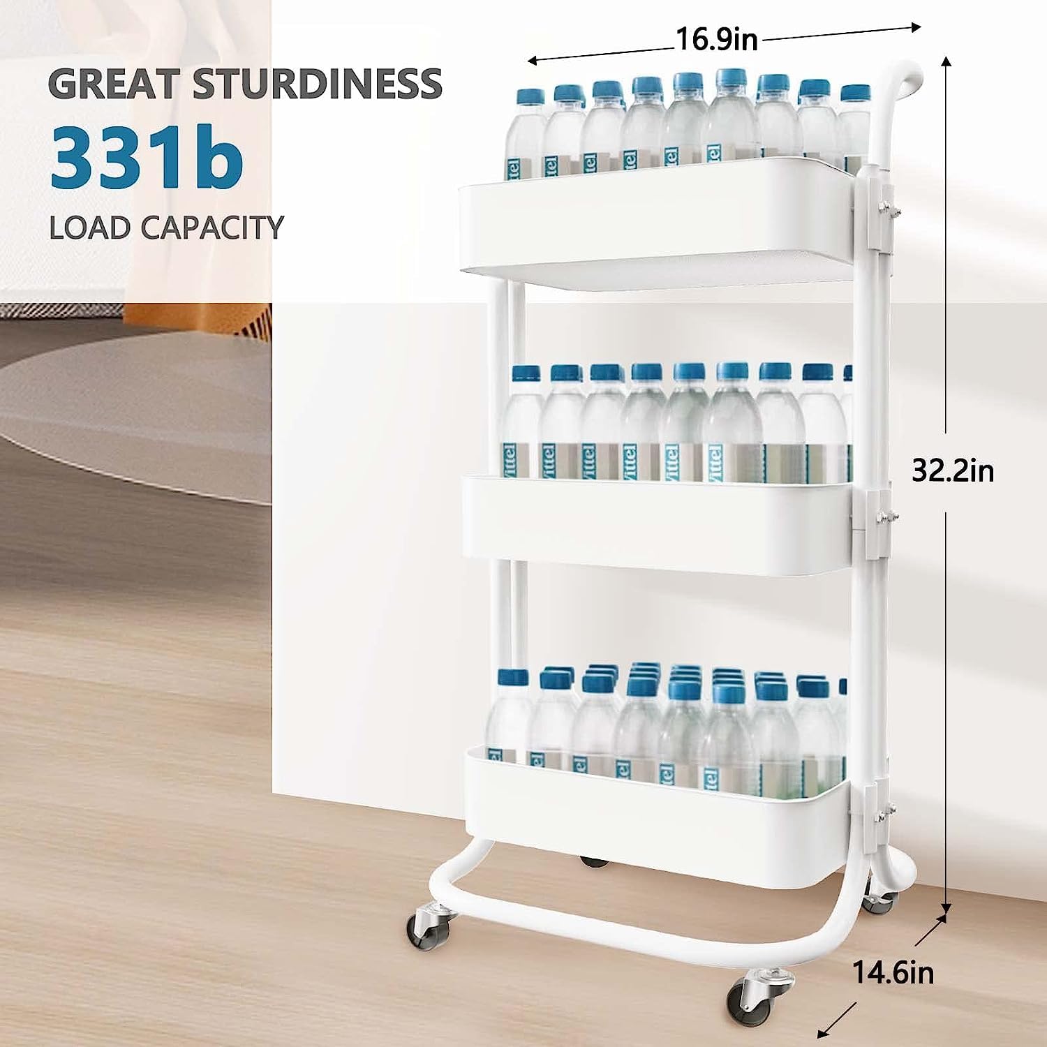 Carrello multiuso a 3 livelli in metallo con maniglia, carrello portaoggetti multifunzionale, per ufficio, soggiorno, cucina, carrelli mobili con ruote (C-bianco)