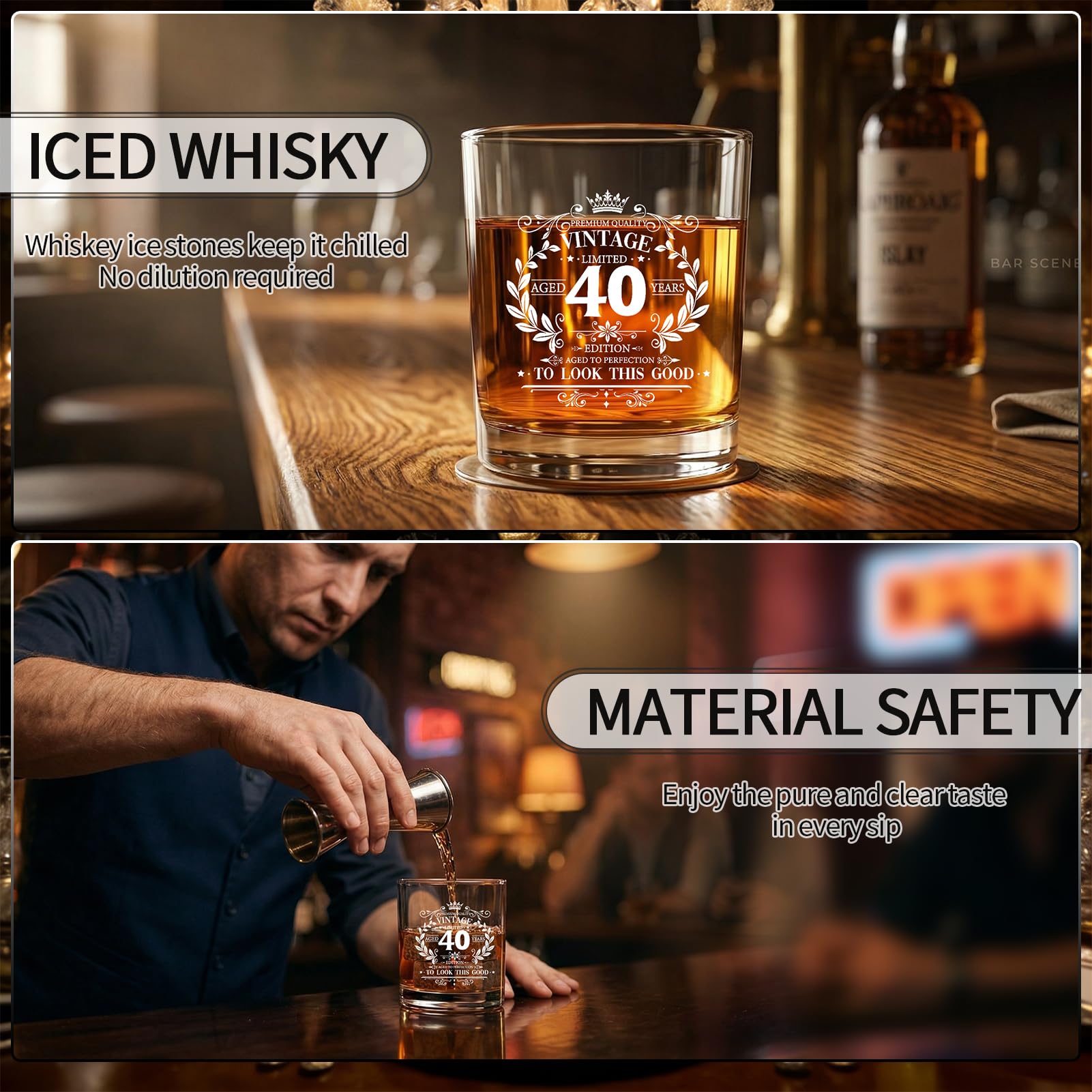 40th Birthday Gifts for Men Whiskey Glass Set with 11 Oz Glass, Stone, Ice Tong, Bottle Opener, Cap, Apron, Socks, Keychain, Greeting Card, 40th Birthday Party Supplies for Him, Dad, Husband