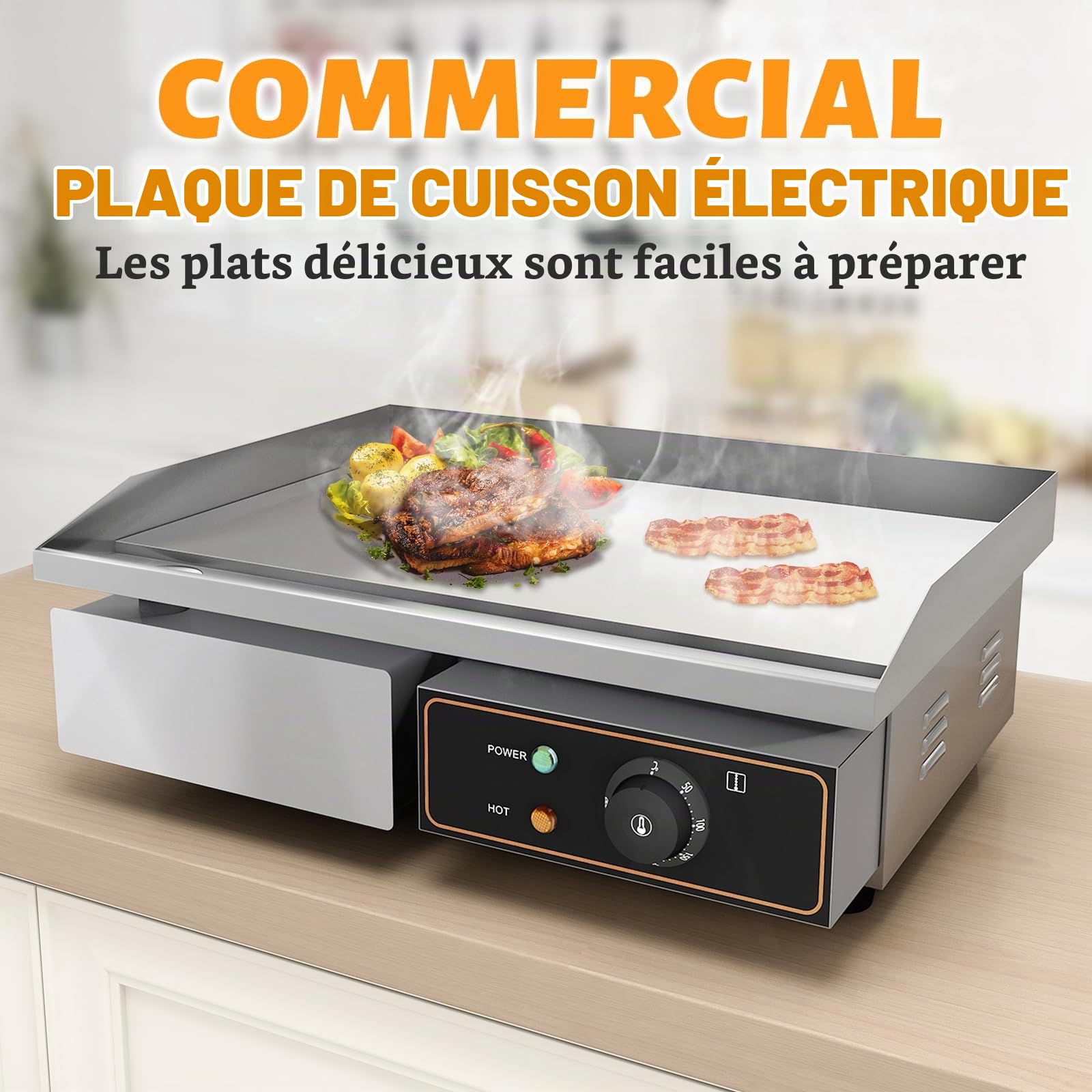 Plancha Électrique Plaque De Acier Inoxydable 53cm Antiadhésive 3000W Professionnelle De Cuisson En Le Fer Durable Grill, Epaisseur De La Surface De Cuisson : 8mm