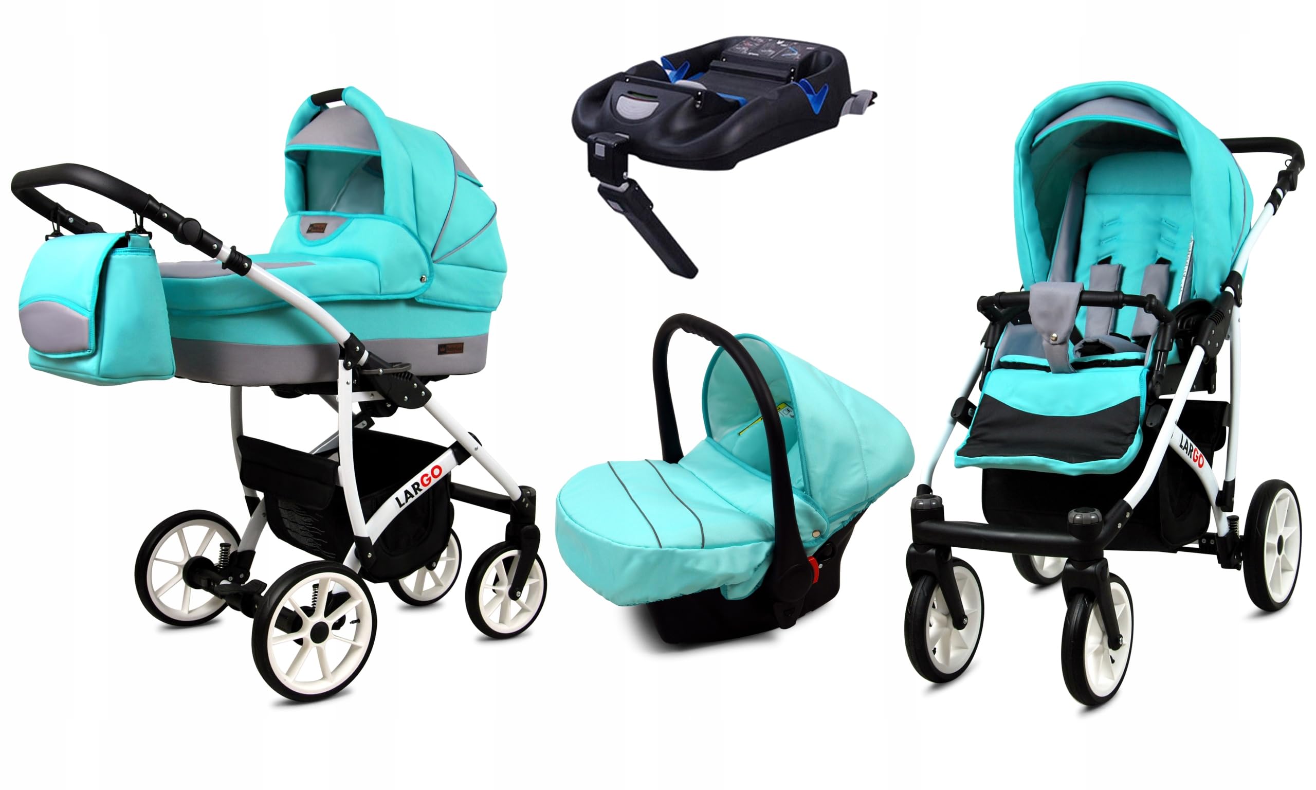 BabyLux Zestaw wózków dziecięcych 4 w 1 – Largo – w zestawie wanienka dla niemowląt, fotelik sportowy, fotelik samochodowy, stacja bazowa ISOFIX – fotelik samochodowy – zestaw wózków dziecięcych