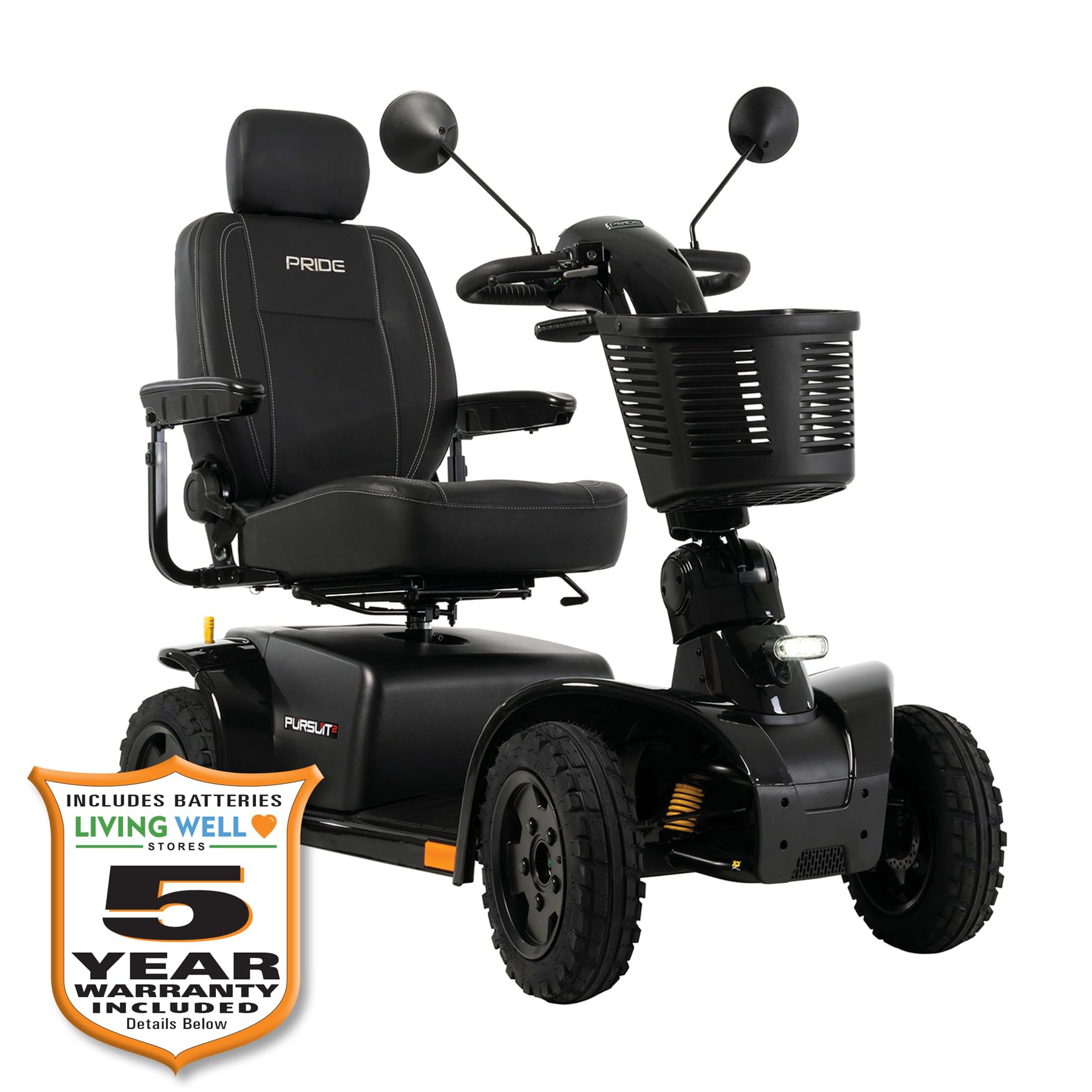 Pride Pursuit 2, Outdoor Mobility Scooter, 400 lbs. Weight Capacity, with 5-Year Extended Warr (Black, 16? × 16? – 18? Seat, 50 Ah Battery)