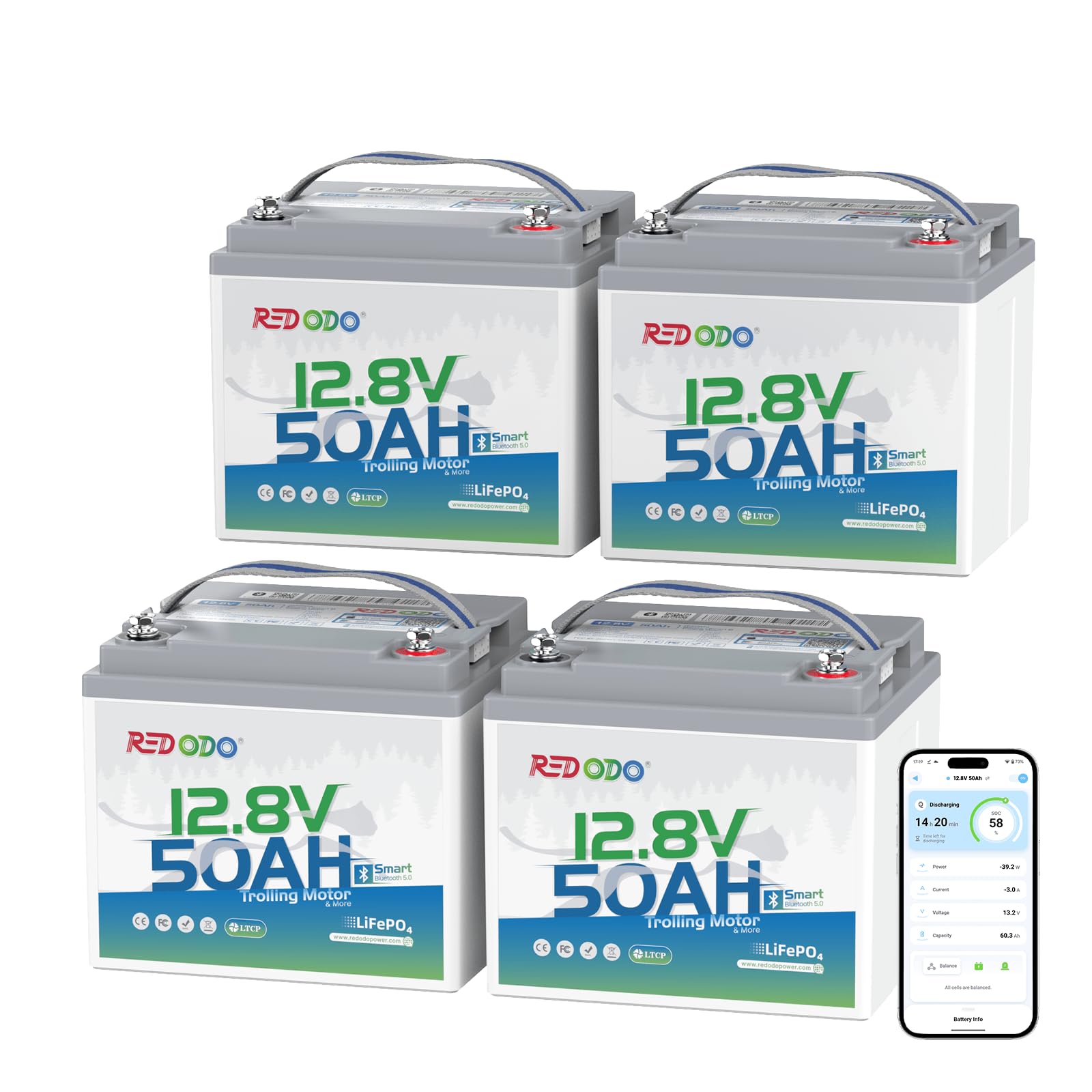 Redodo 12V 50Ah LiFePO4 Deep Cycle Battery for Marine, RVs 4 Pack
