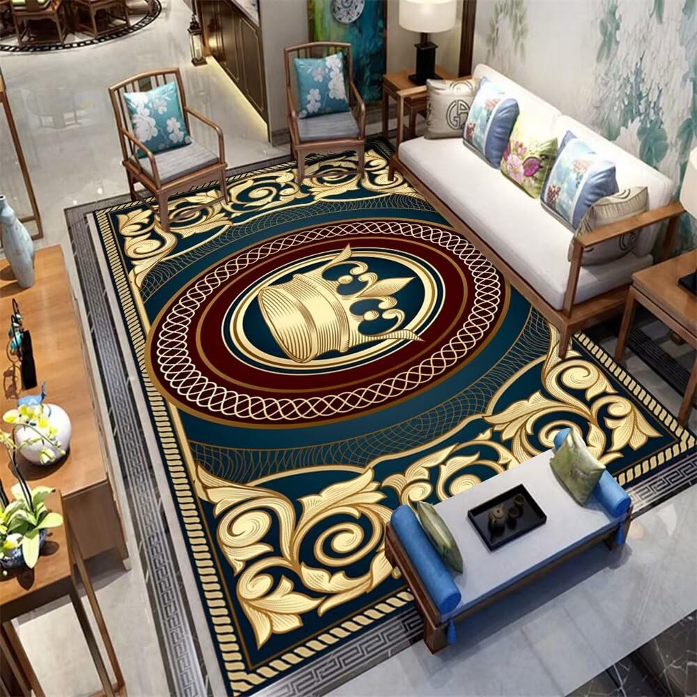 Tapis de salon jaune luxe au motif couronne raffiné pour grand espace