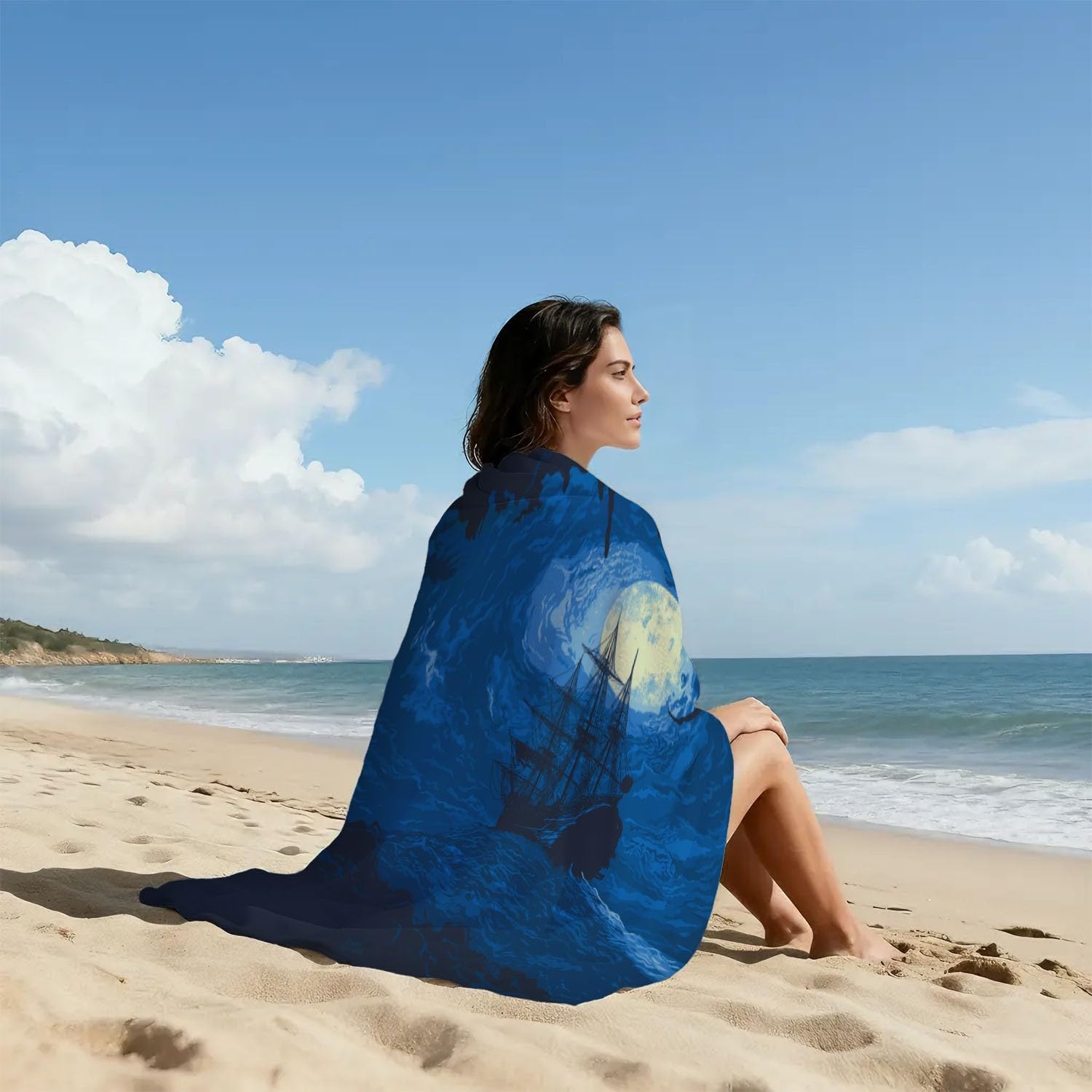 Générique Grande Serviette de Plage 200 x 100 CM,Drap de Plage Microfibre,Couverture de Plage Absorbante Rapide pour Dramatique, Mystérieux Surface de la Mer, Navires, Ciel, Lune