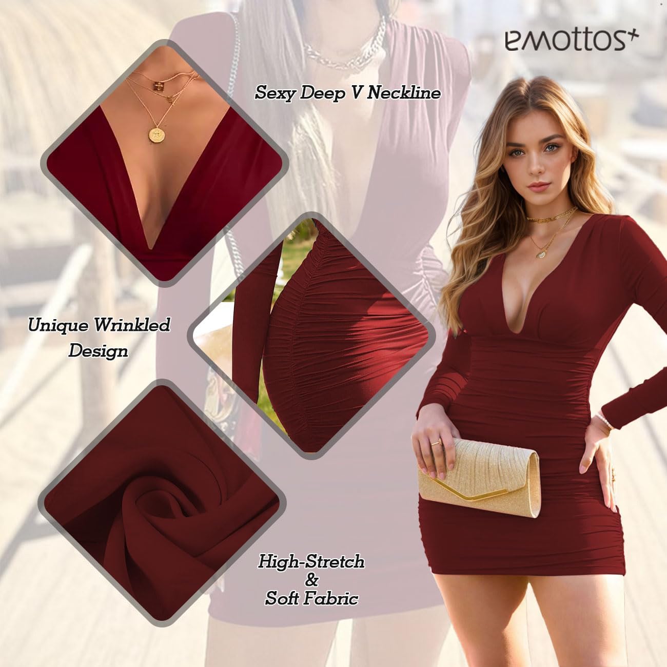 Women Mini Wrap Dress, Sexy Hip-Hugging Ruched Dresses, Col V Profond et Doux/Une épaule Robe Fourreau Bodycon à Manches Longues, Mini Robe Tube à Haute soirée Cocktail (2 modèles, S-L)