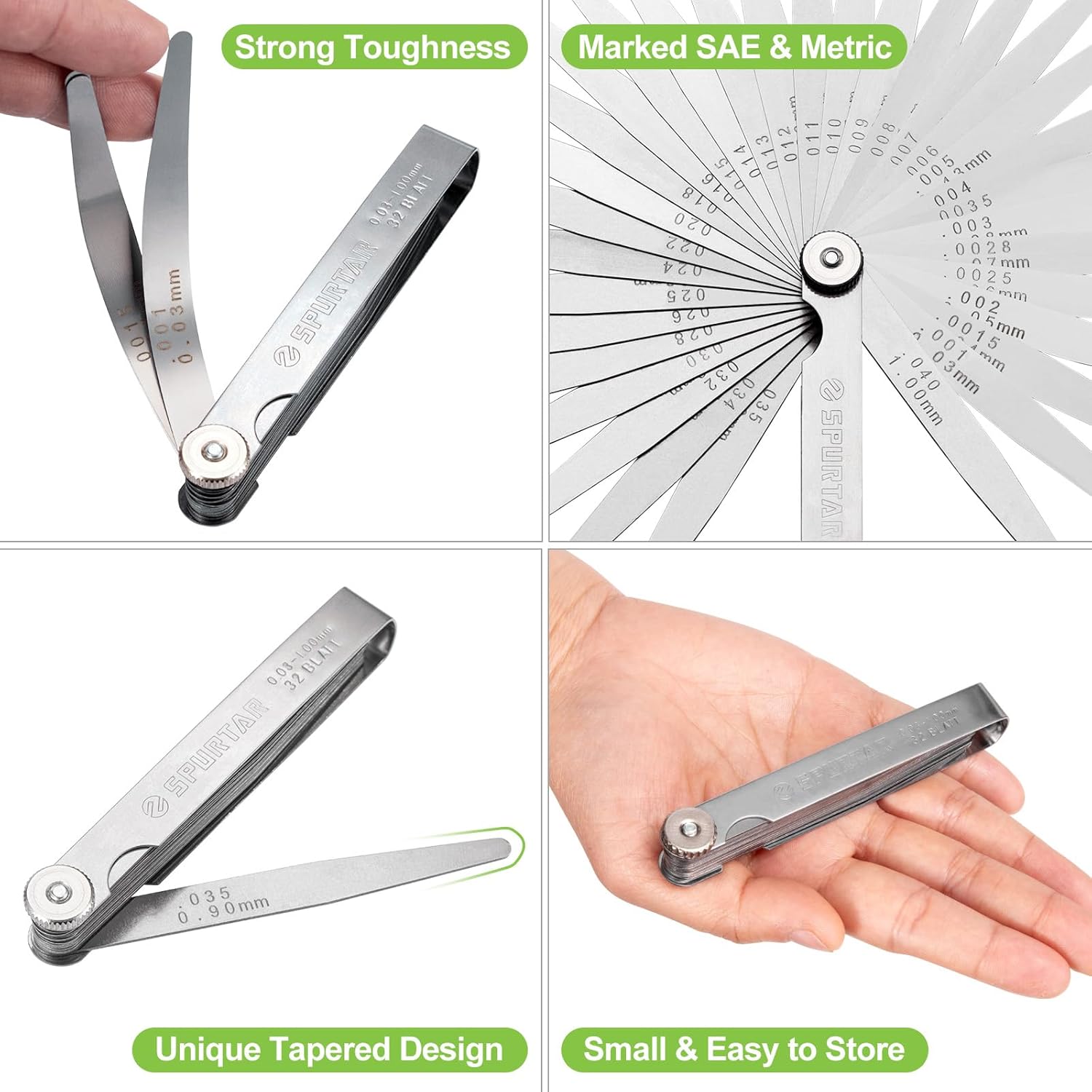 Spurtar Feeler Gauges 0.001-0.04" (0.03-1.00mm) 32 Blades Tapered Feeler Gauge Set Stainless Steel Dual Marked SAE and Metric for Measuring Gap Thickness or Width for Spark Plug, Valve, Piston, Guitar