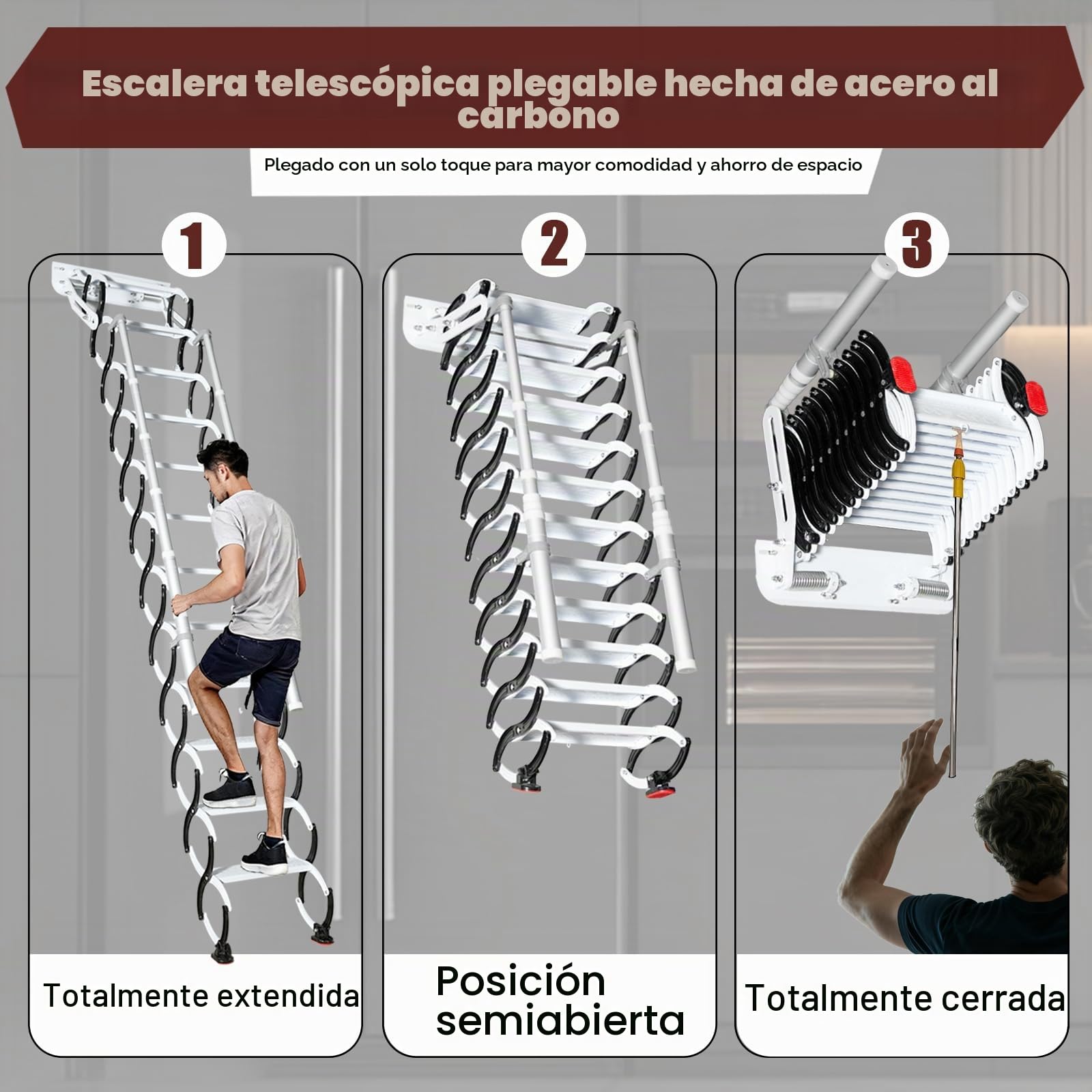 2.5m Escalera de ático de Pared, Escalera Mural retráctil con 2 pasamanos, Escalera retráctil de ático de 10 escalones, Plegable y abatible, para Interiores, almacenes, sótanos y garajes (2.45-2.55m)