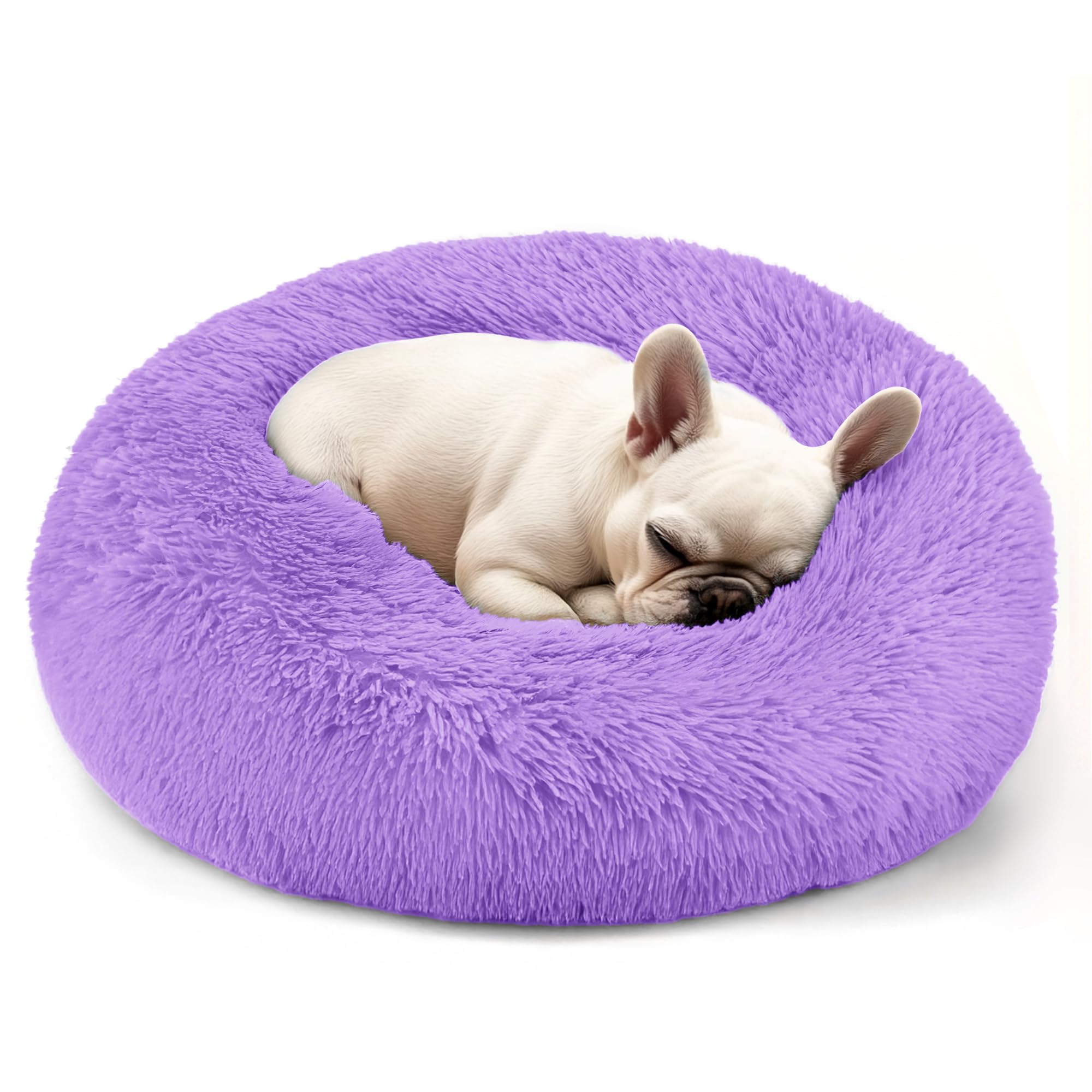 Hoewina Dog & Cat Bed, 20in Cat Beds for Indoor Cats, Calming Donut Bed for Puppy and Kitten, Washable Round Fluffy Pet Bed for Small Medium Dogs and Cats (Purple)