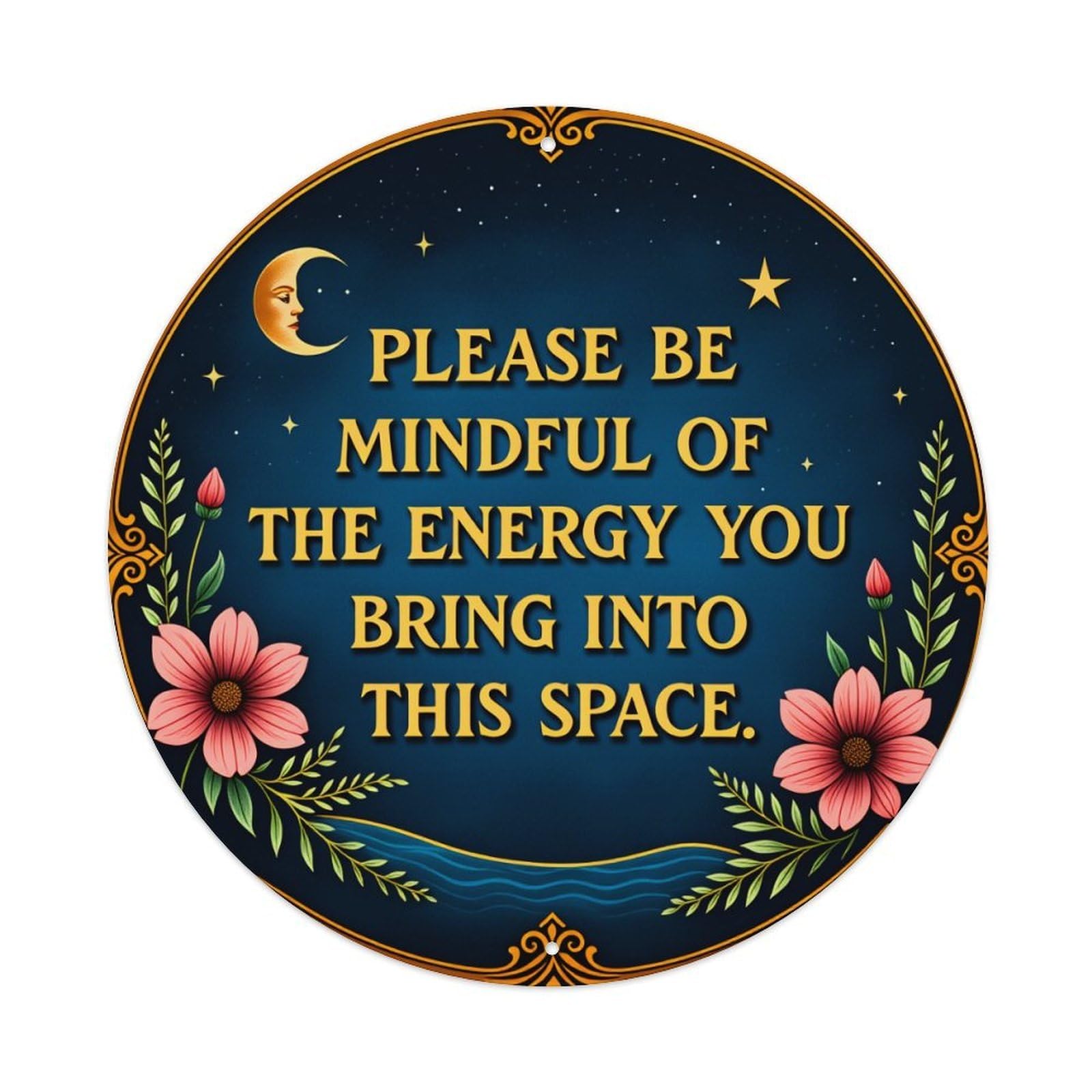 Wmlzdnwr Vintage Moon Stars Flowers Leaves Night Sky Text Pattern Round Tin Sign,Retro Wall Art,Metal Poster For Home, Bar, Garage, Cafe, Rustic Indoor & Outdoor Decor, 8X8 Inches