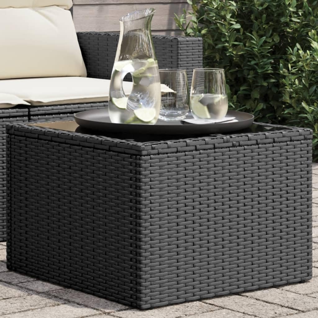 SXZenSpace Small Garden Coffee Table Black 55 x 37 cm Poly Rattan Outdoor Bistro with Tempered Glass Top, Powder-Coated Steel Frame for Patio, Balcony and Backyard