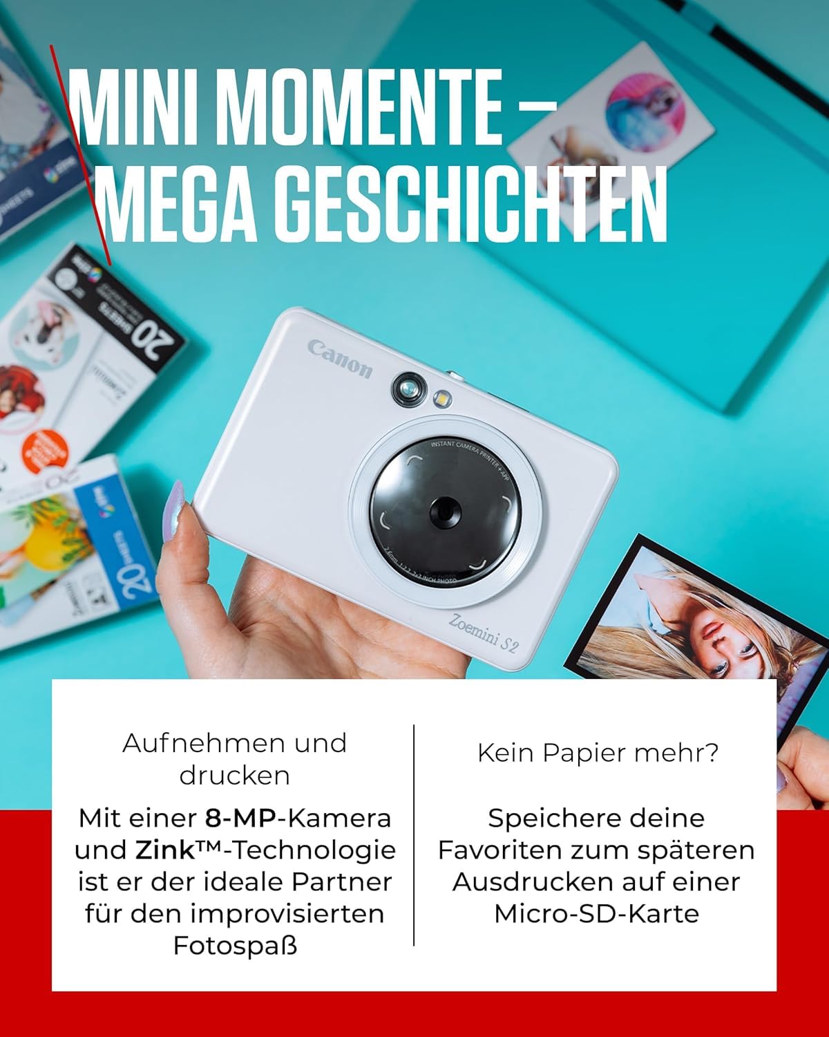 Canon Zoemini S2 Mini Sofortbildkamera + Fotodrucker mobil tragbar unterwegs Hosentasche (Fotodruck 5x7,6 cm, kabelllos, eingebauter Akku, Canon App, Bluetooth) perlweiß [+ 10er Zink Druck-Set]