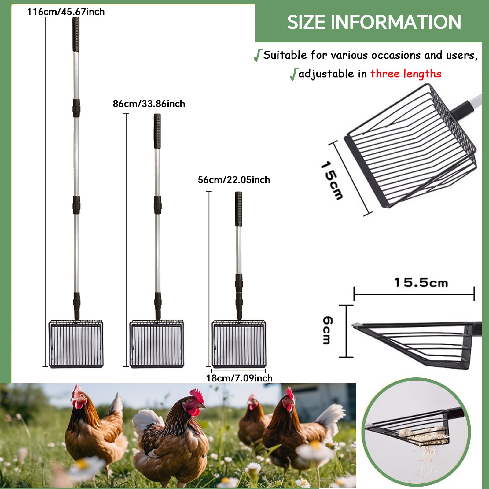 Pala para excavar pollos, pala extensible para gatos de aleación de aluminio, pala de pollo ajustable, accesorio para gallinero, adecuado para limpiar excrementos de gatos y pollos